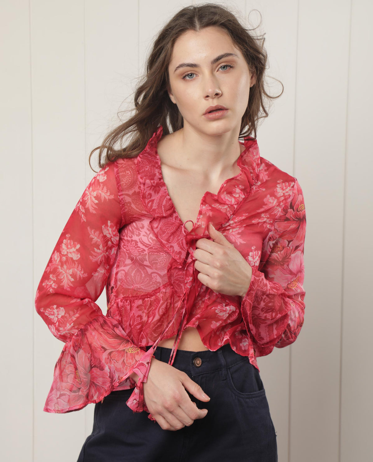 Rareism Women Myloh Maroon Polyester Fabric Full Sleeves Drawstring Closure V-Neck Bell Sleeve Regular Fit Floral Print Cropped Shrug