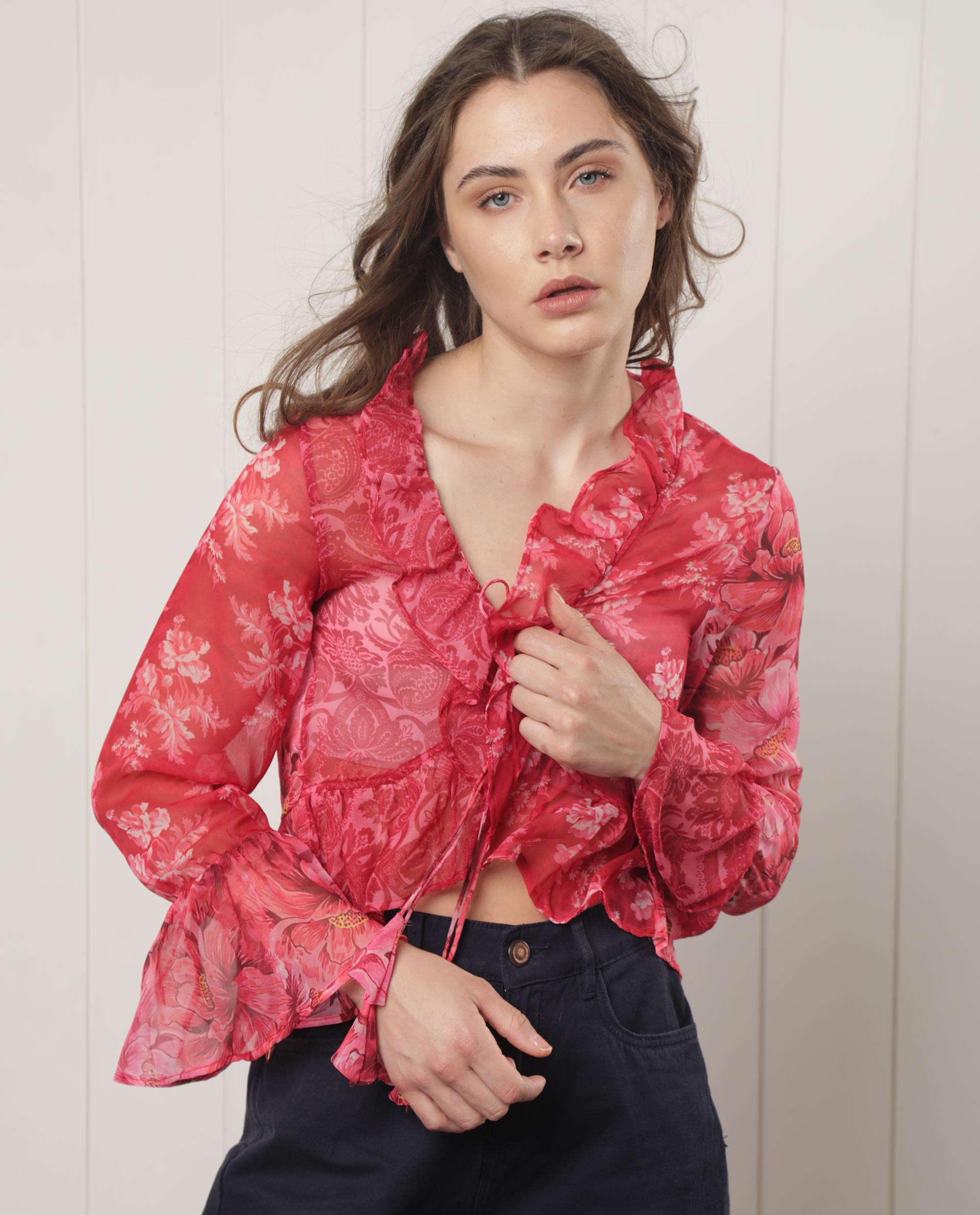 Rareism Women Myloh Maroon Polyester Fabric Full Sleeves Drawstring Closure V-Neck Bell Sleeve Regular Fit Floral Print Cropped Shrug