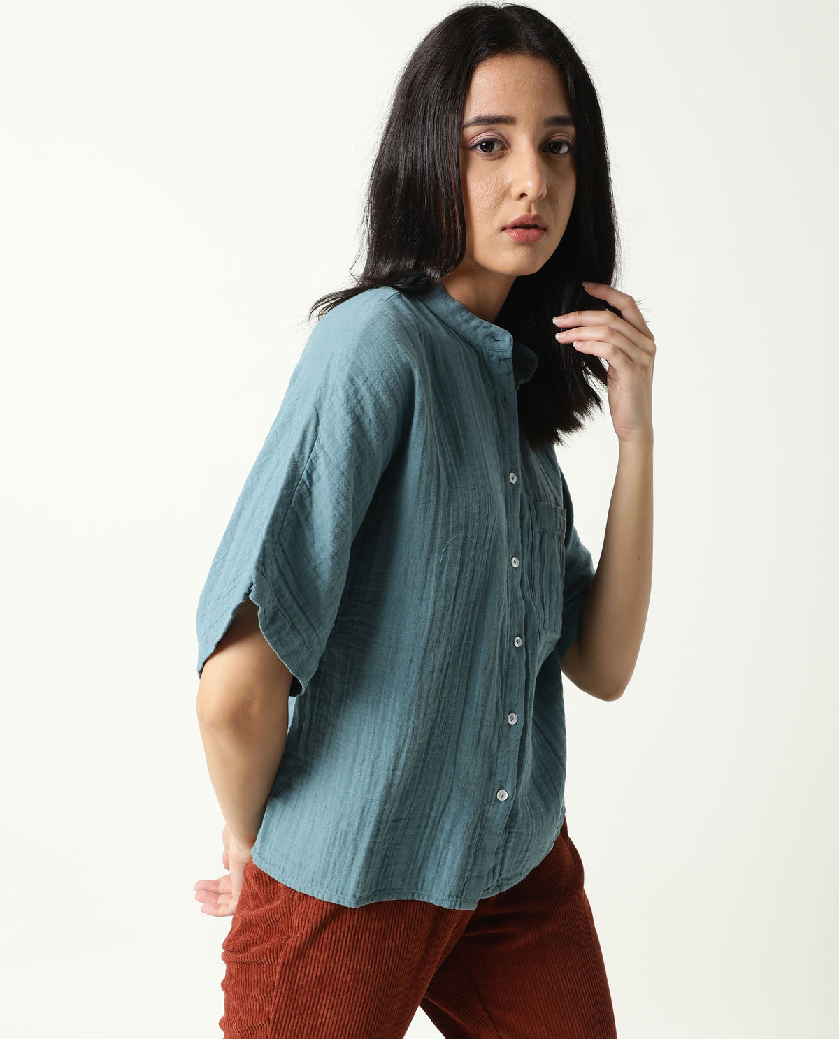 Rareism Womens Imro Green Top Cotton Fabric Regular Fit Regular Sleeves Mandarin Neck