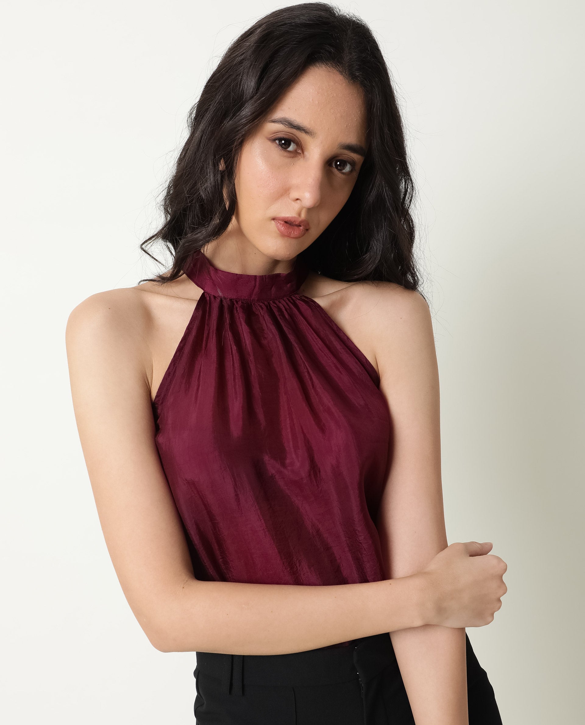 Rareism Womens Sahano Maroon Top Poly Viscose Fabric Sleeveless Halter Neck