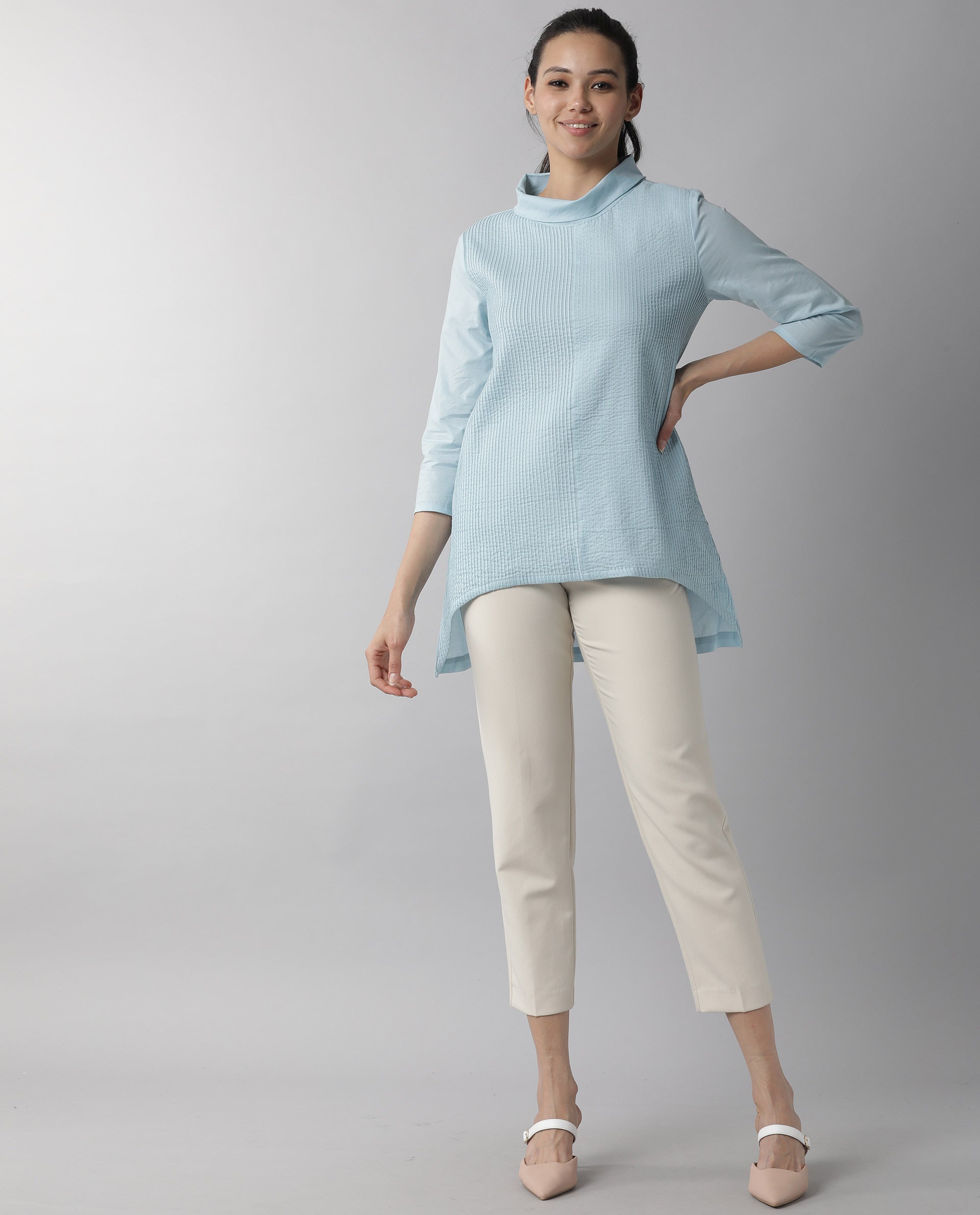 Rareism Women's Printol Blue Cotton Turtle Neck Plain Regular Fit Top