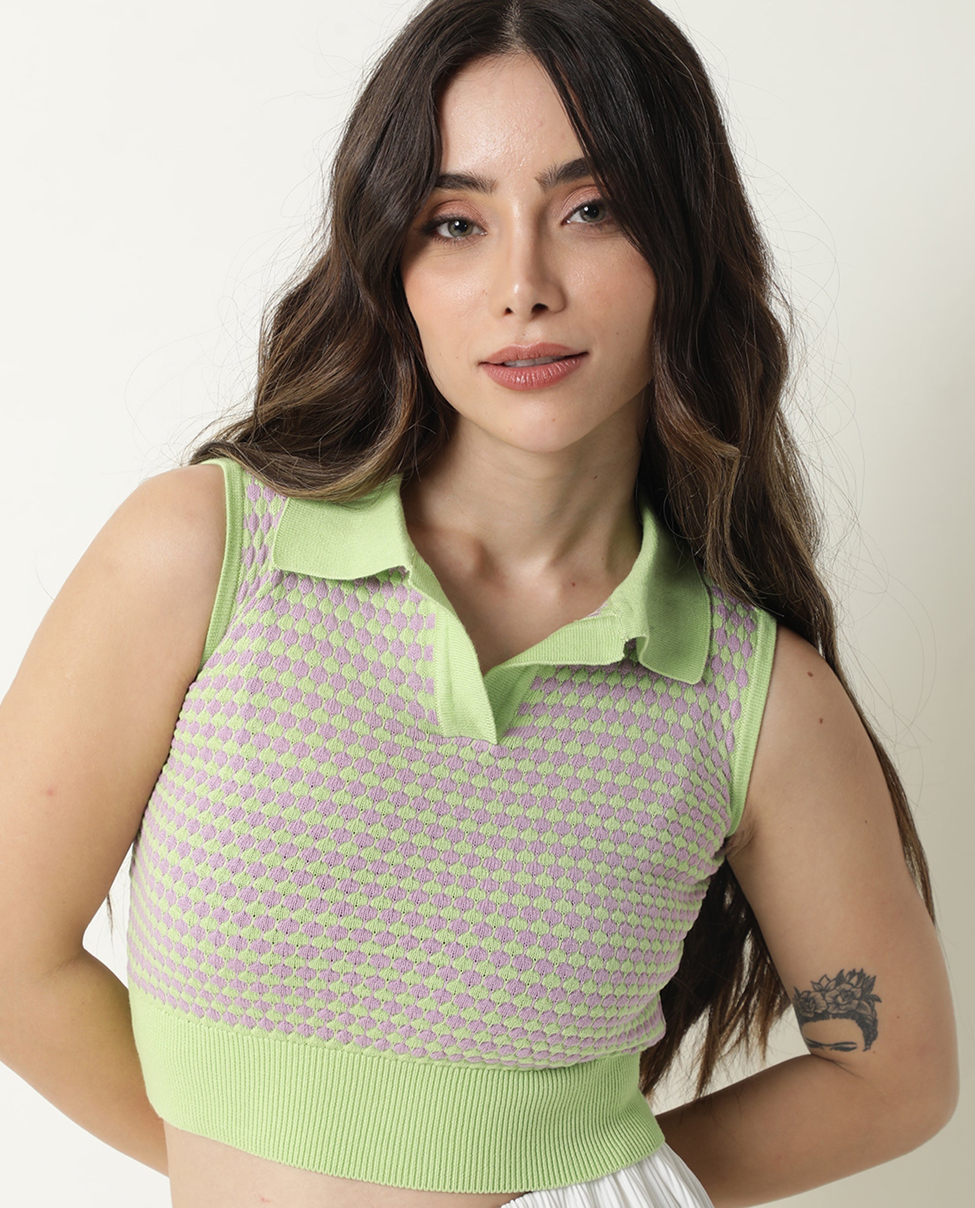 Rareism Women's Rylee Green Cotton Spread Collar Textured Sleeveless Crop Regular Fit Sweater