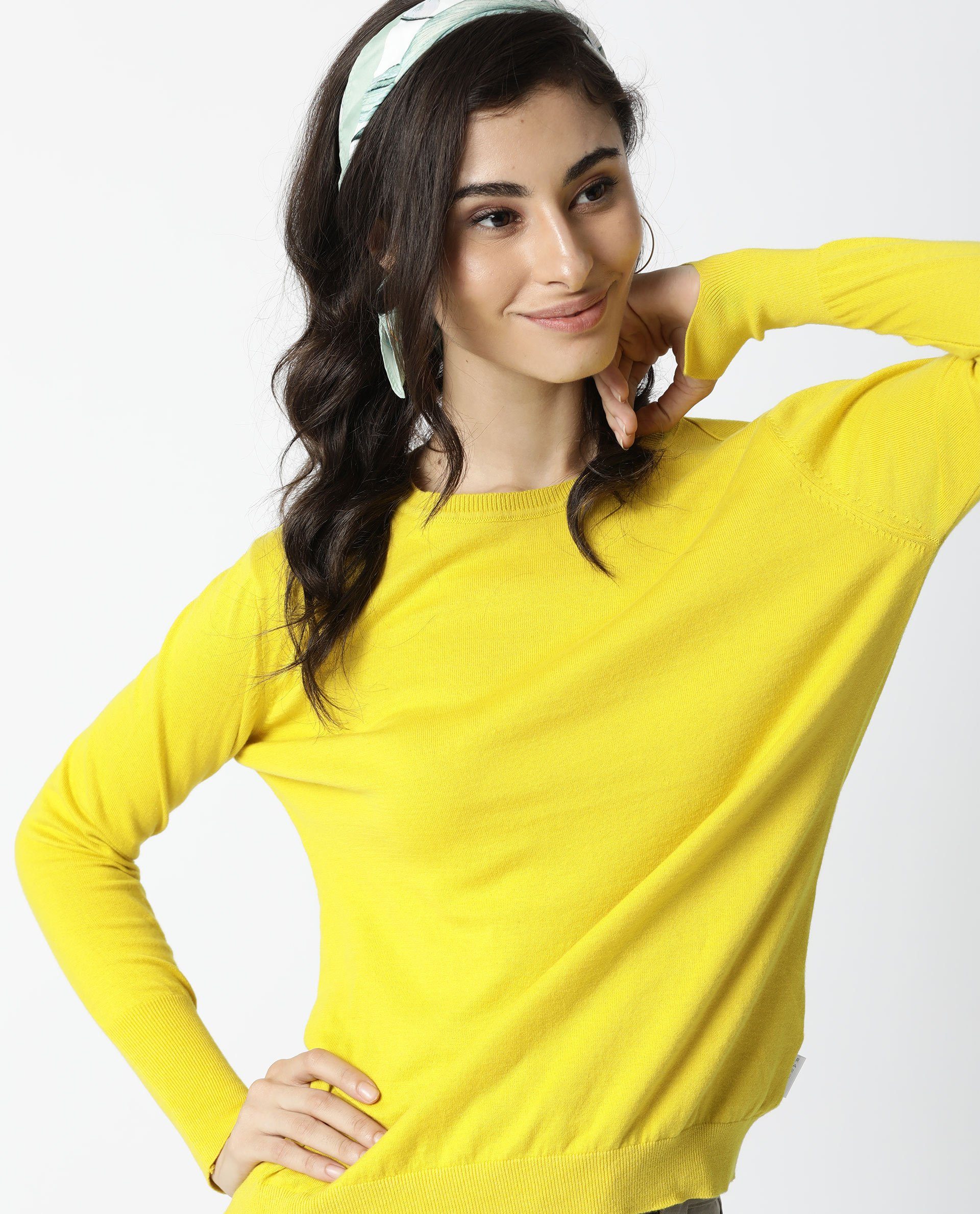 Rareism Women Plum Yellow Cotton Fabric Full Sleeves Regular Fit Ribbed Ribbed Collar Sweater