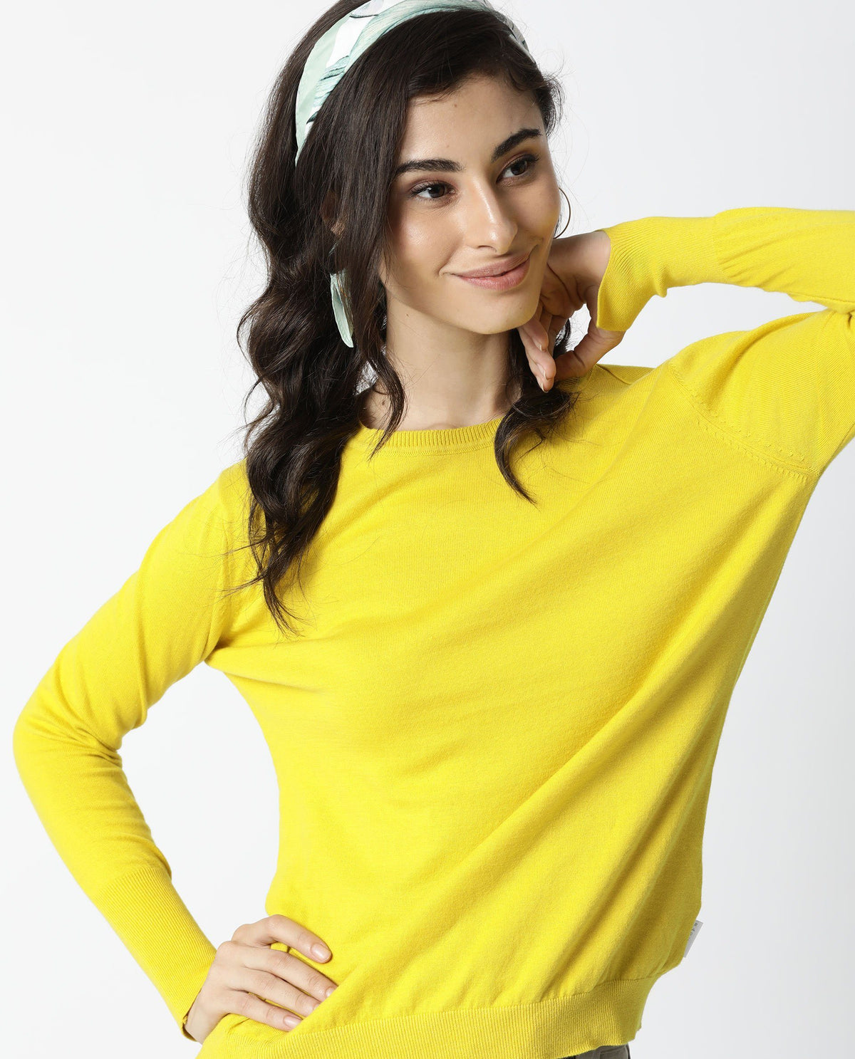 Rareism Women Plum Yellow Cotton Fabric Full Sleeves Regular Fit Ribbed Ribbed Collar Sweater