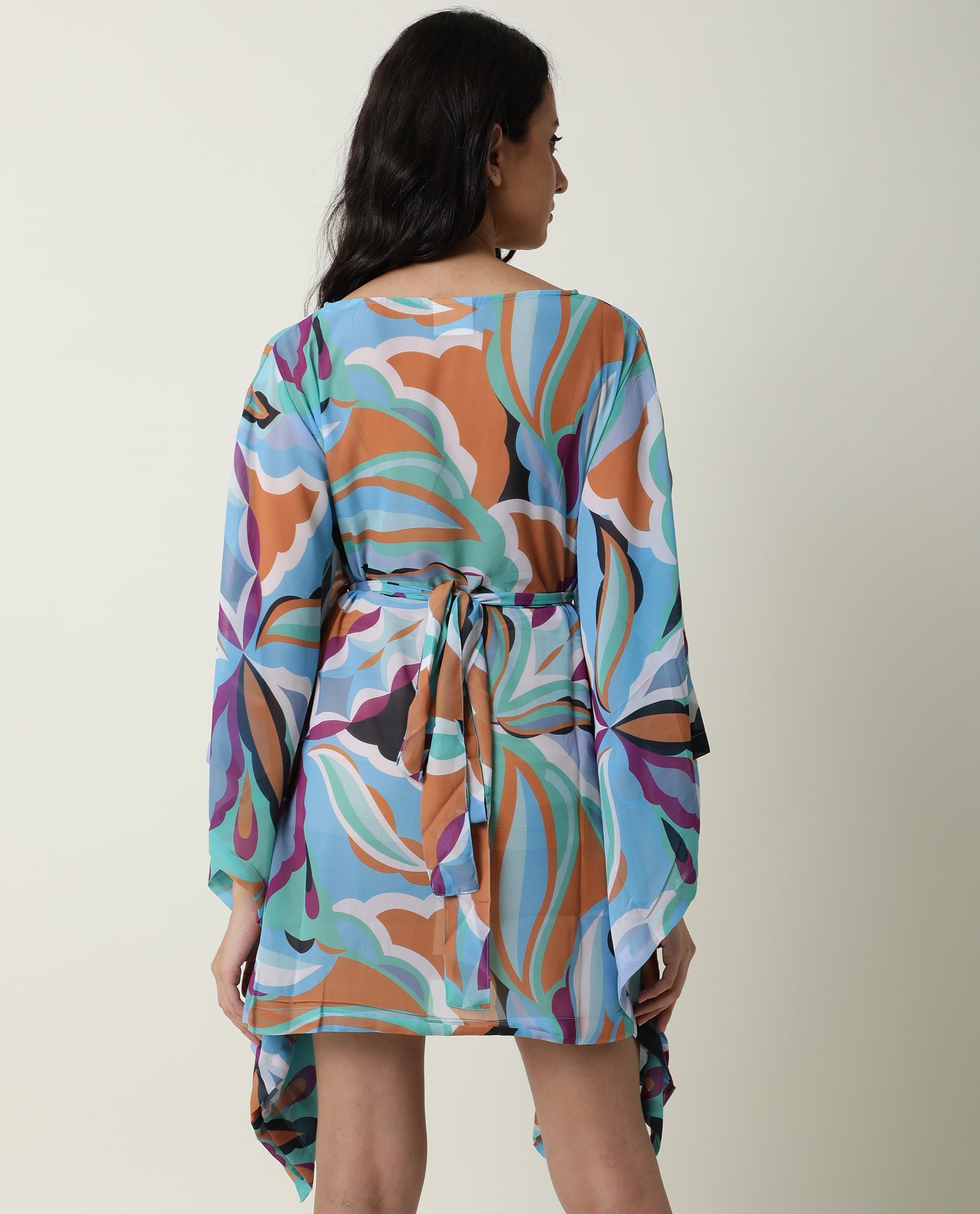 Rareism Women's Meevio Multi Boat Neck Abstract Print Flared Sleeve Knee Length Regular Fit Dress