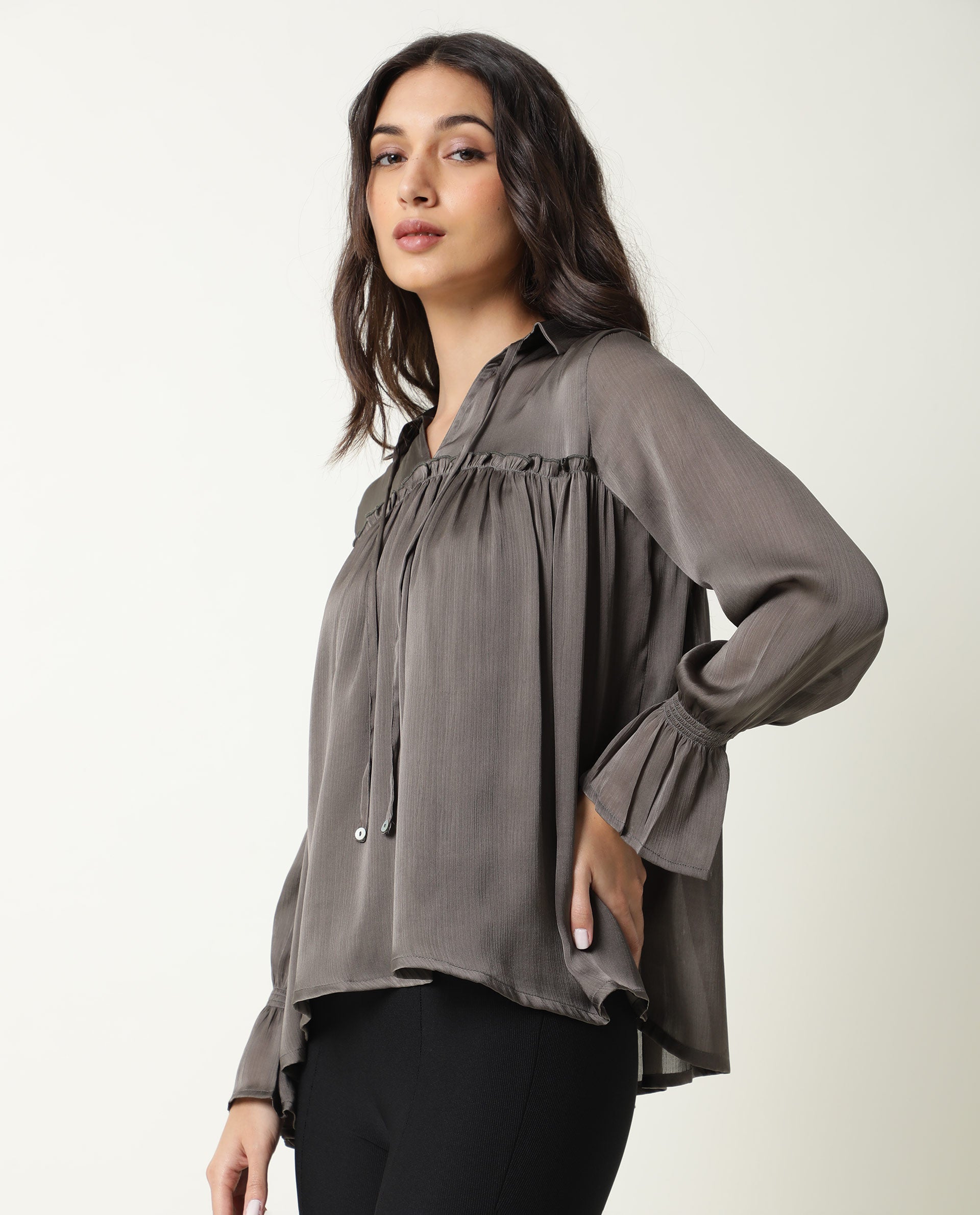 Rareism Womens Poetess Grey Top Polyester Fabric Full Sleeve Key Hole Neck