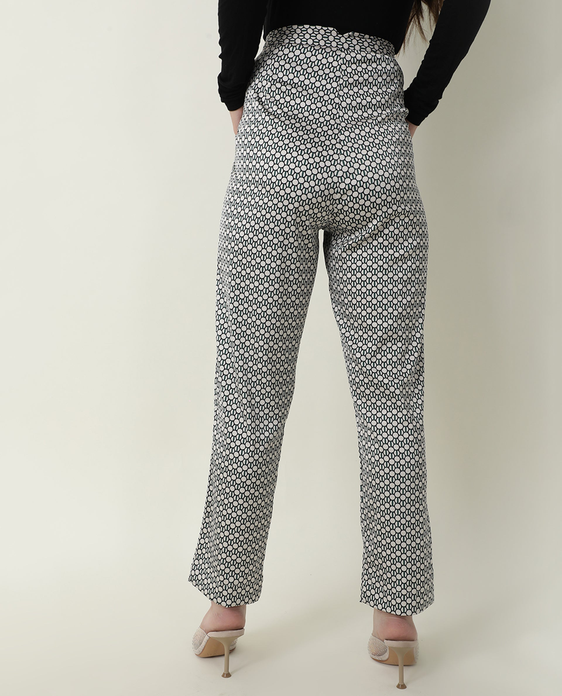 Rareism Women Malani Beige Modal Fabric Tailored Fit Mid Rise Geometric Print Ankle Length Trousers