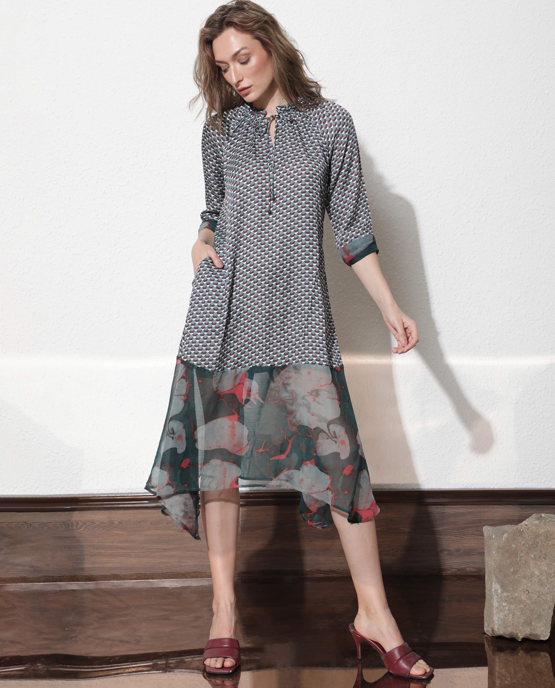 Rareism Women's Nadia Multi Modal Tie-Up Neck Floral Print Knee Length Regular Fit Dress