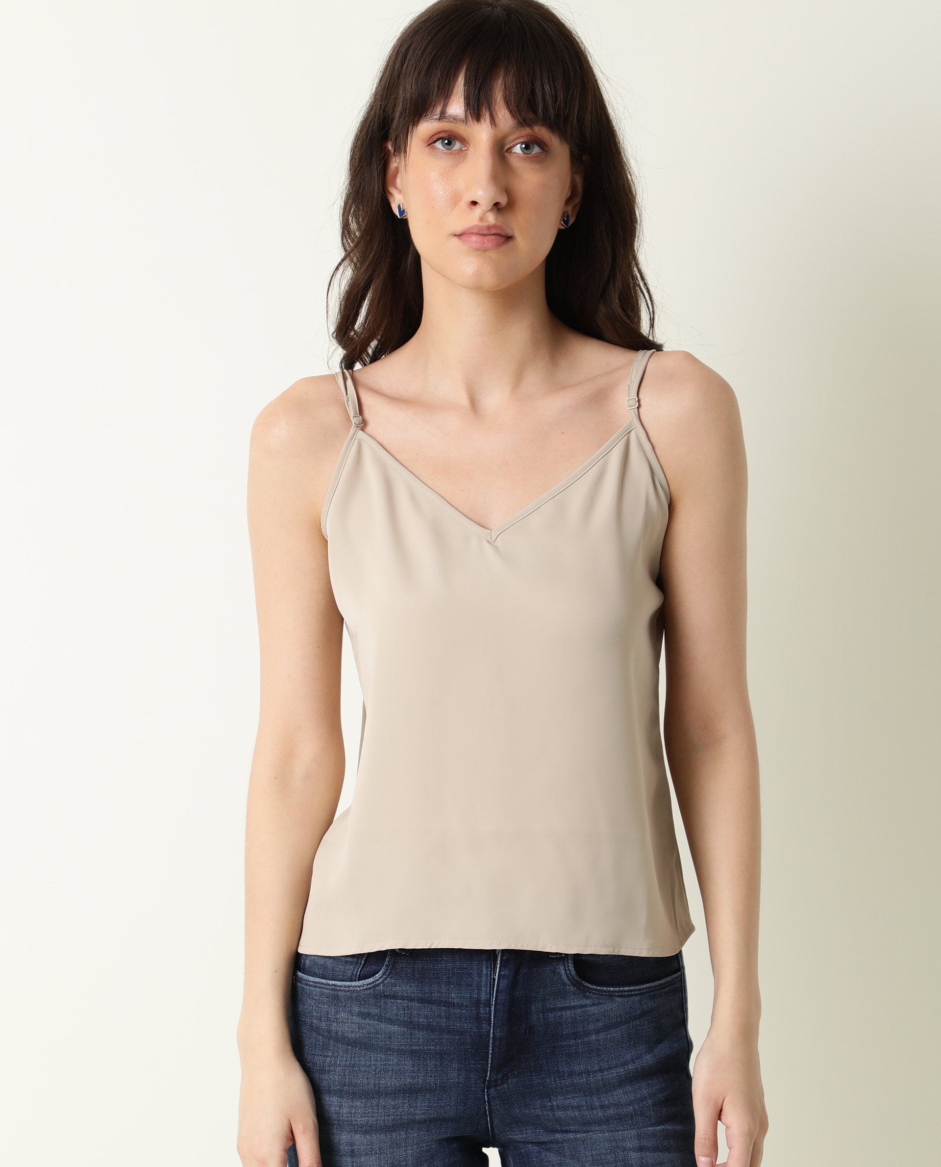 Rareism Women's Slipo Grey Polyester V-Neck Plain Shoulder Strap Regular Fit Inner Wear Slip