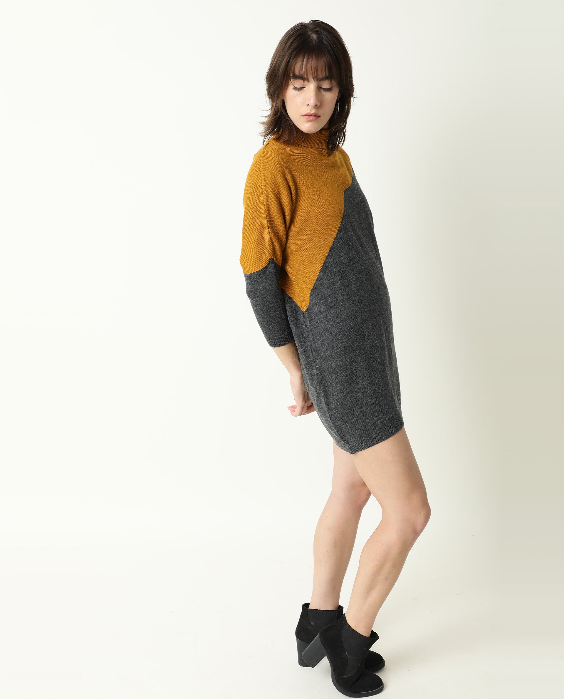 Rareism Women Spaton Grey Acrylic Fabric Full Sleeves Knee Length Regular Fit Color Blocked High Neck Sweater