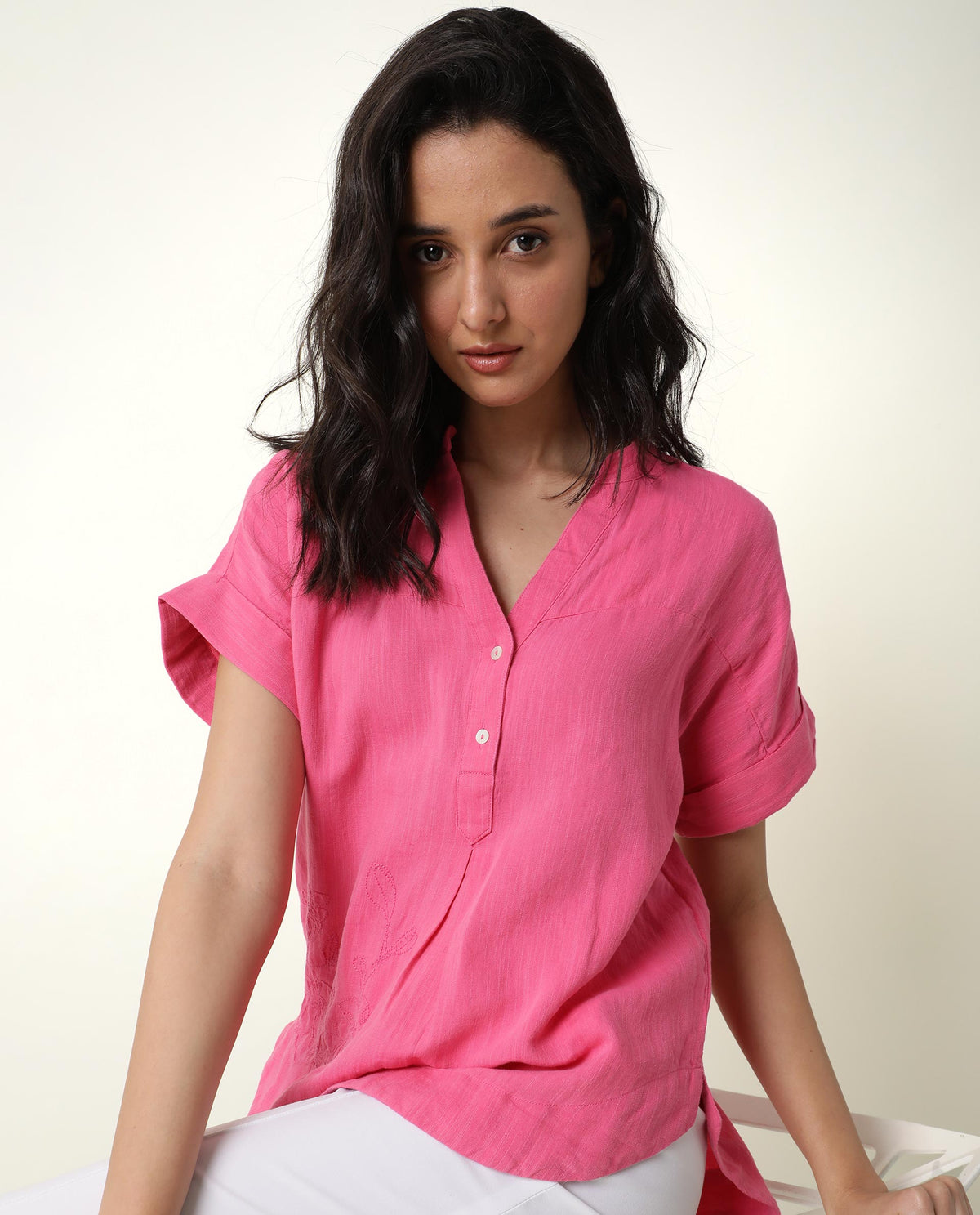 Rareism Womens Rebecca Pink Top Cotton Linen Fabric Short Sleeve V Neck