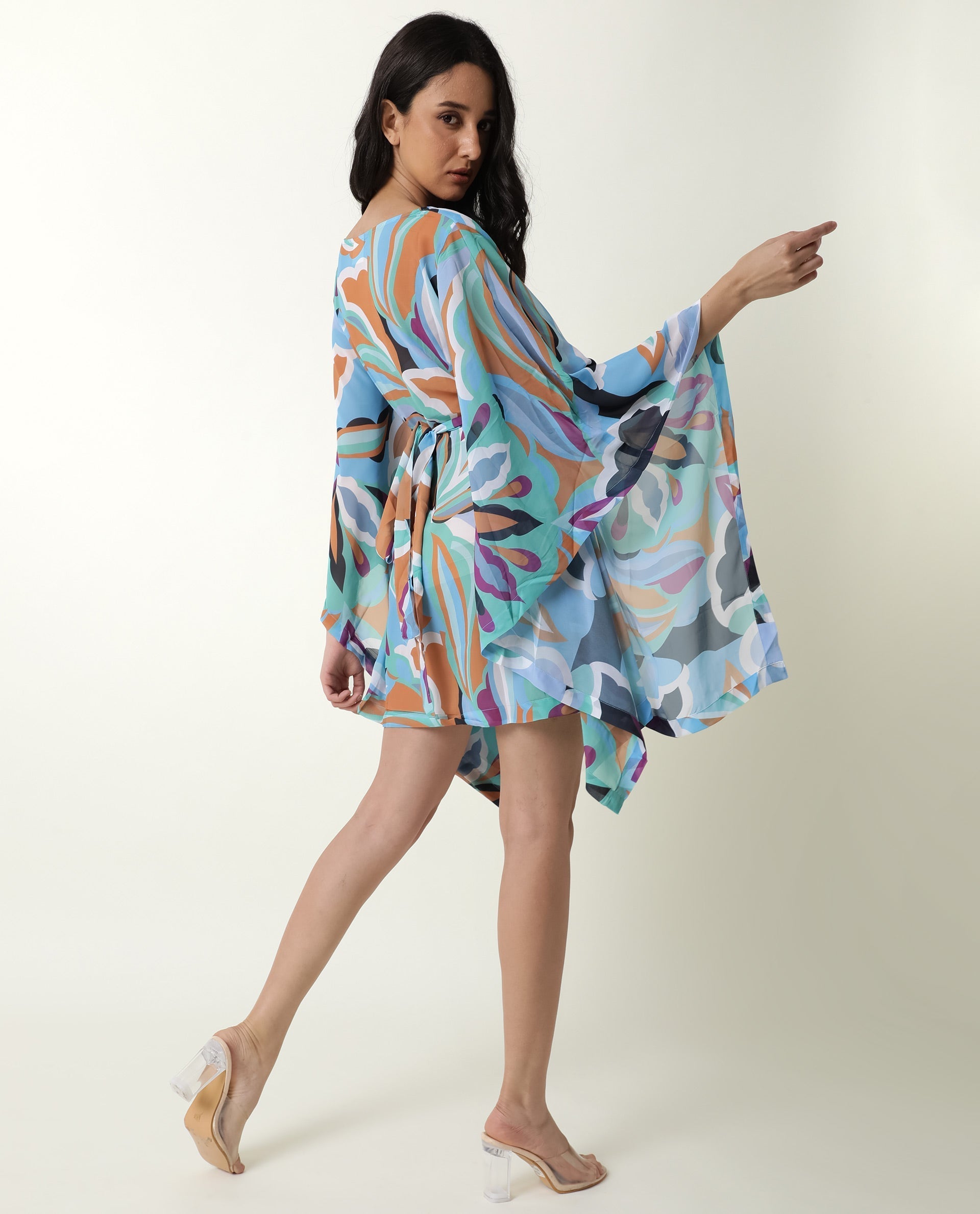 Rareism Women's Meevio Multi Boat Neck Abstract Print Flared Sleeve Knee Length Regular Fit Dress