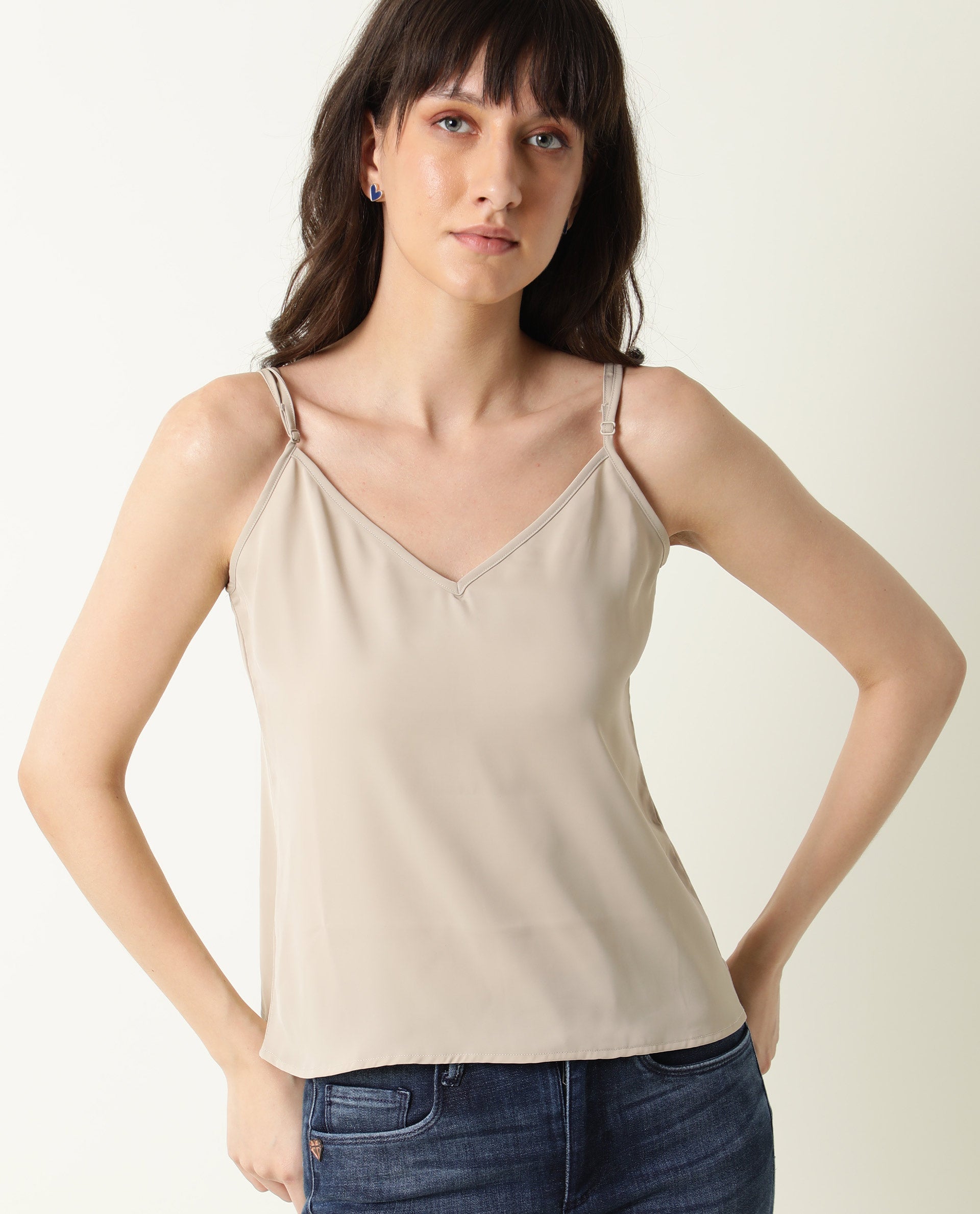 Rareism Women's Slipo Grey Polyester V-Neck Plain Shoulder Strap Regular Fit Inner Wear Slip