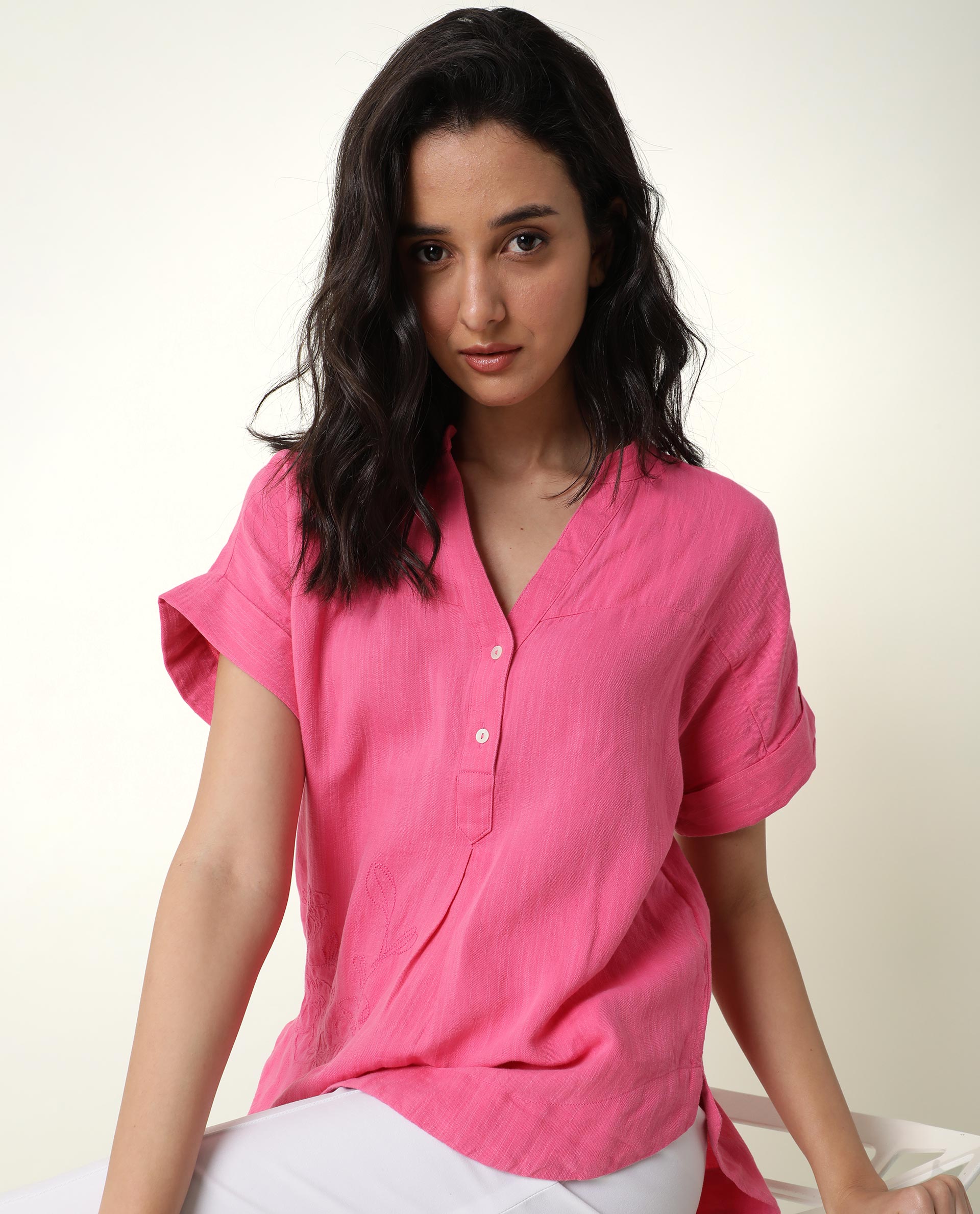 Rareism Womens Rebecca Pink Top Cotton Linen Fabric Short Sleeve V Neck