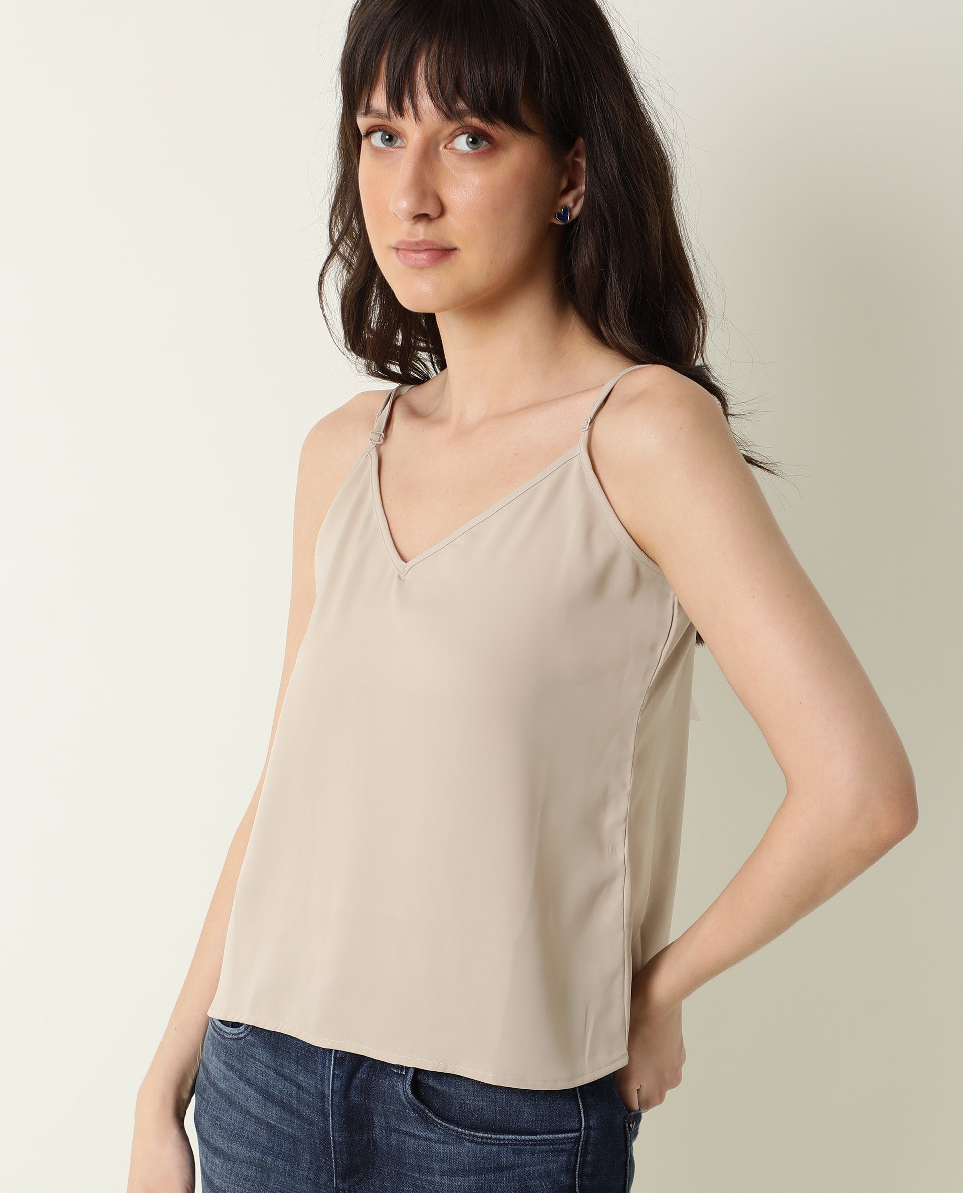 Rareism Women's Slipo Grey Polyester V-Neck Plain Shoulder Strap Regular Fit Inner Wear Slip