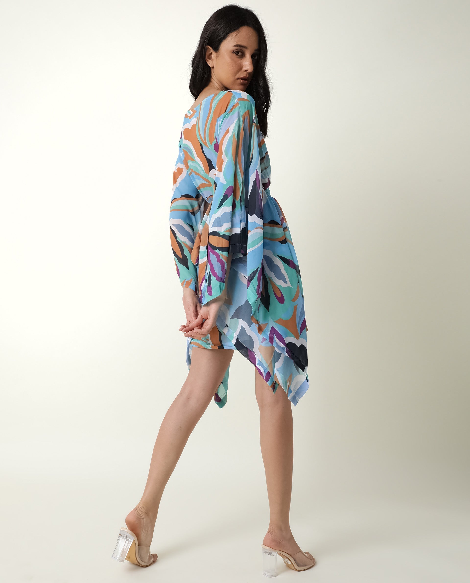 Rareism Women's Meevio Multi Boat Neck Abstract Print Flared Sleeve Knee Length Regular Fit Dress