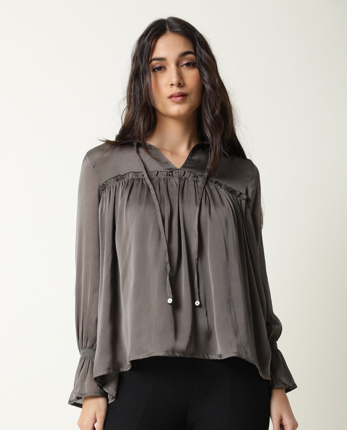 Rareism Womens Poetess Grey Top Polyester Fabric Full Sleeve Key Hole Neck