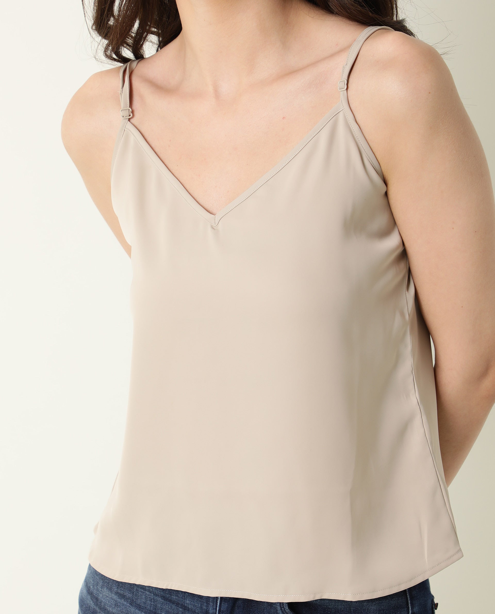 Rareism Women's Slipo Grey Polyester V-Neck Plain Shoulder Strap Regular Fit Inner Wear Slip