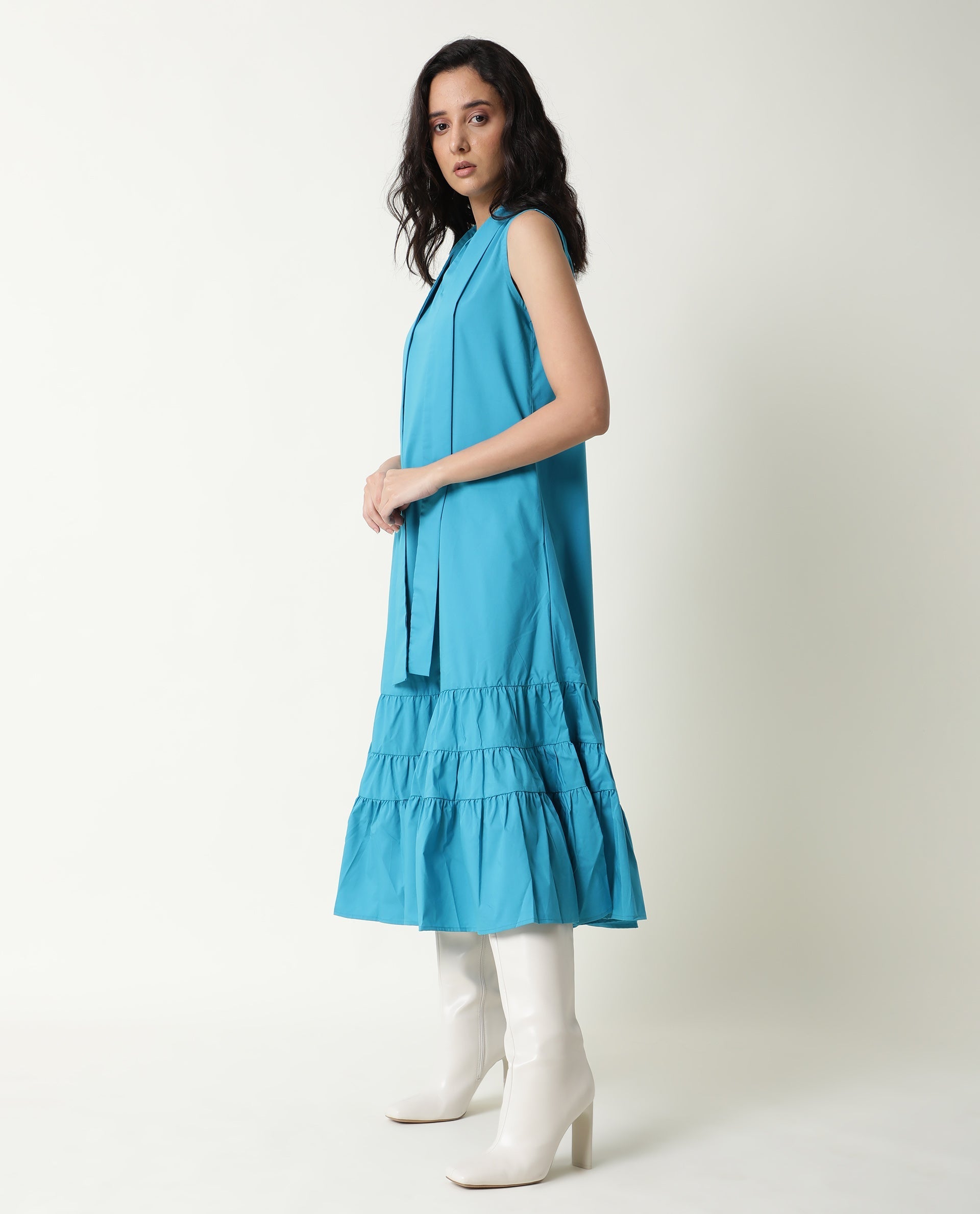 Rareism Women Gino Blue Tie Up Neck Sleeveless With Ruffled Hem And Pockets Maxi Dress