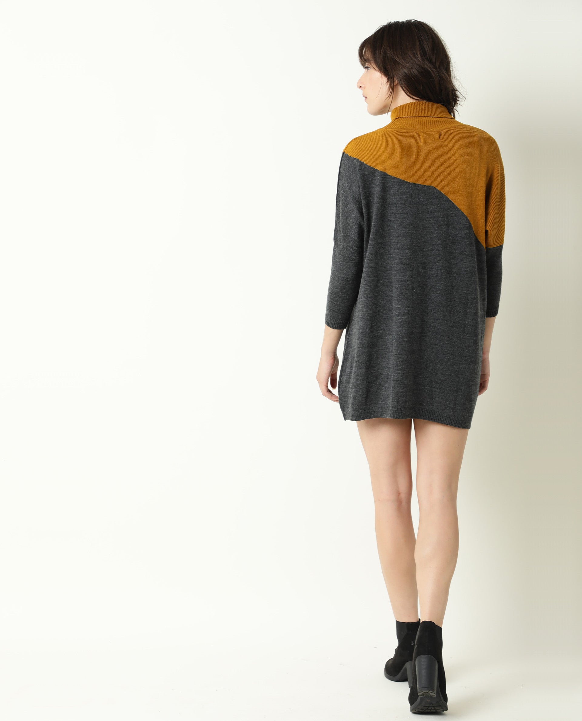 Rareism Women Spaton Grey Acrylic Fabric Full Sleeves Knee Length Regular Fit Color Blocked High Neck Sweater