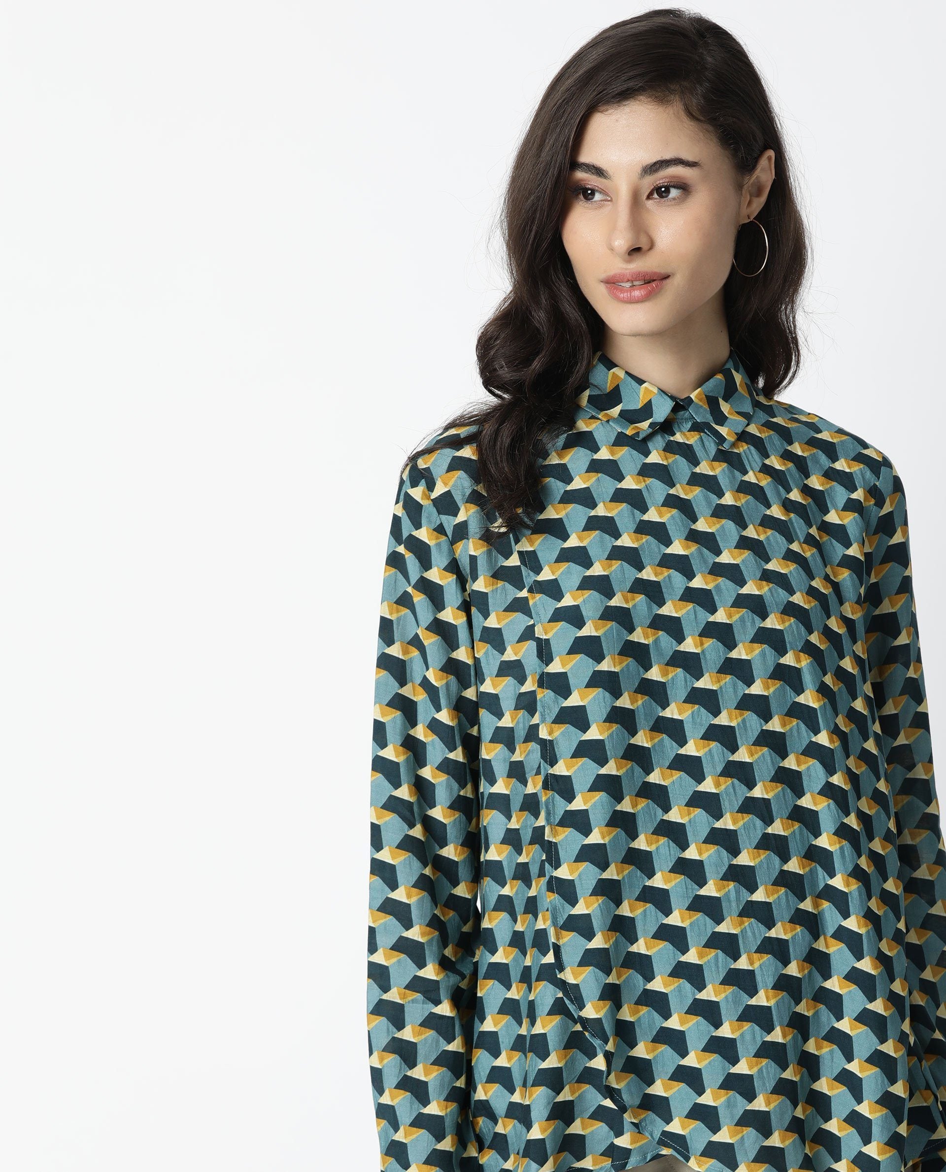 Rareism Women Chrysa Mustard Top Full Sleeves Printed