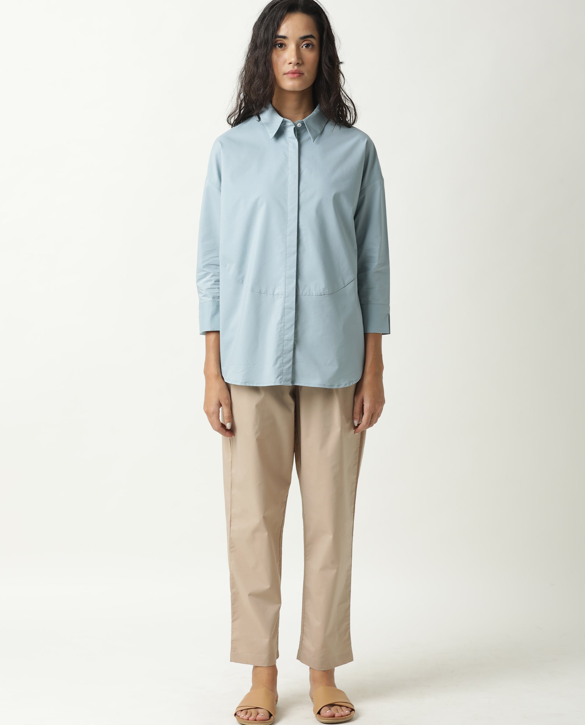 Rareism Womens Eleven Blue Top Polyester Fabric Regular Fit 3/4 Sleeve Collared Neck