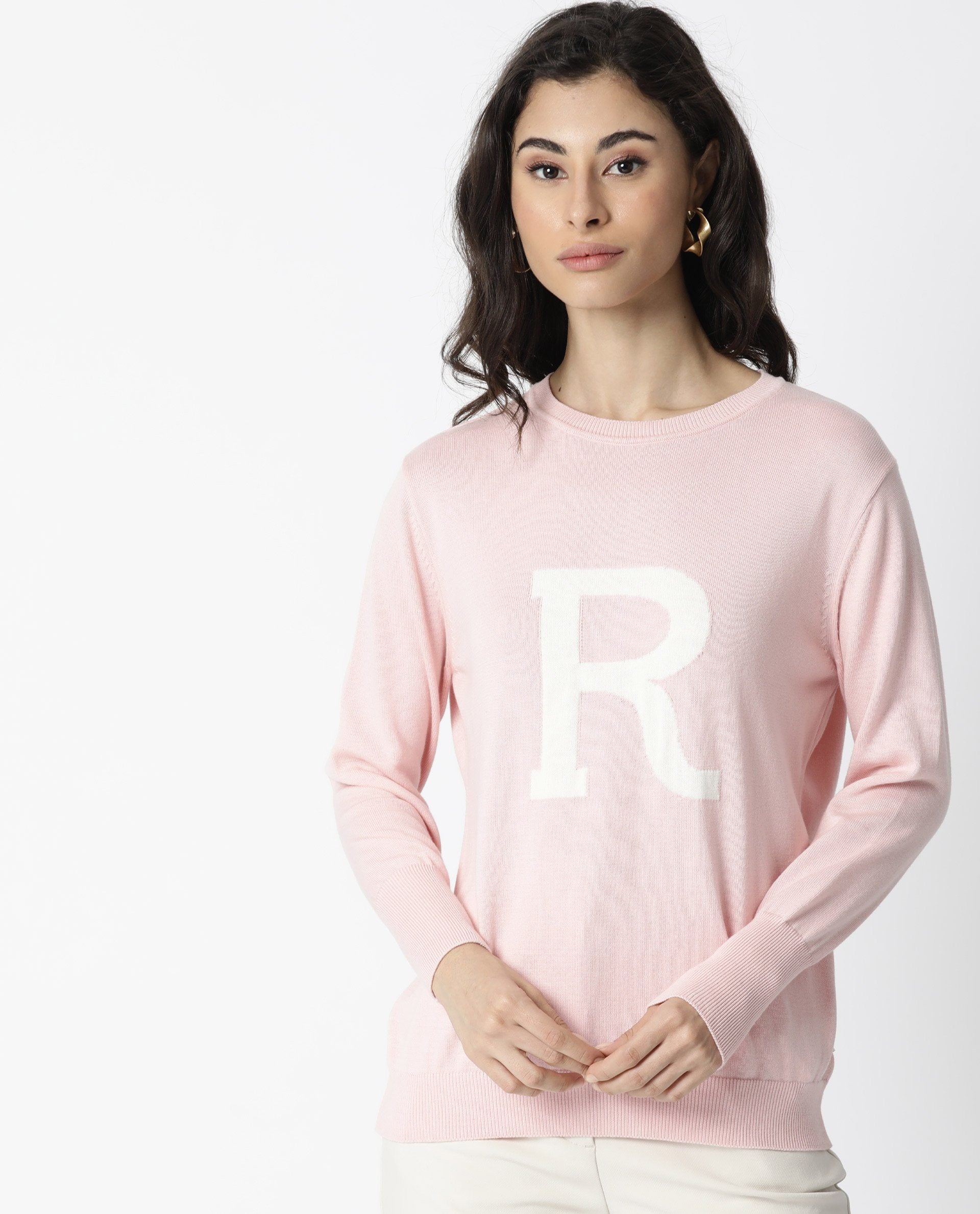 Rareism Women Plush Pink Cotton Fabric Full Sleeves Regular Fit Embroidered Round Neck Sweater