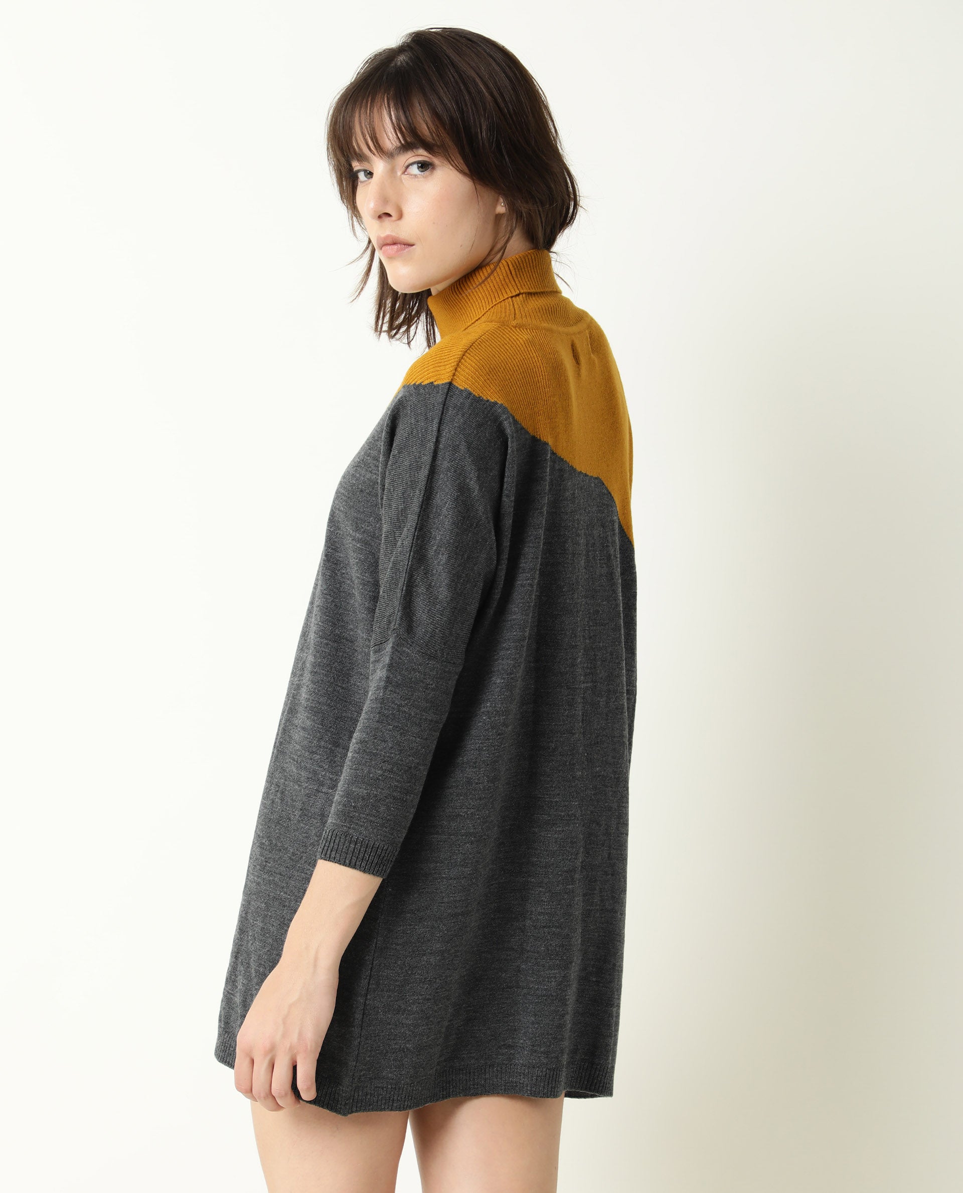 Rareism Women Spaton Grey Acrylic Fabric Full Sleeves Knee Length Regular Fit Color Blocked High Neck Sweater