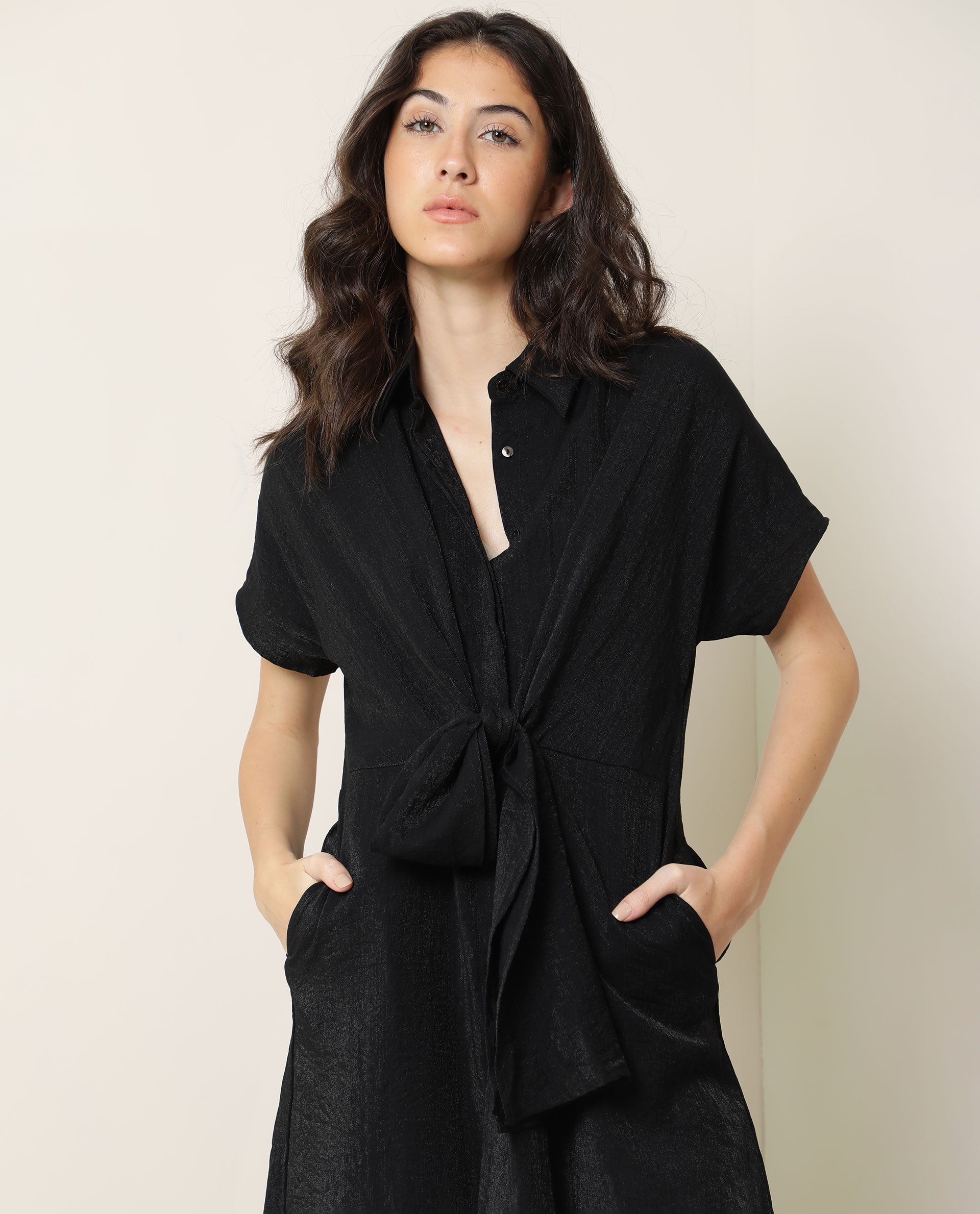 Rareism Women Kori Black Dress Rayon Nylon Fabric Full Sleeves Solid