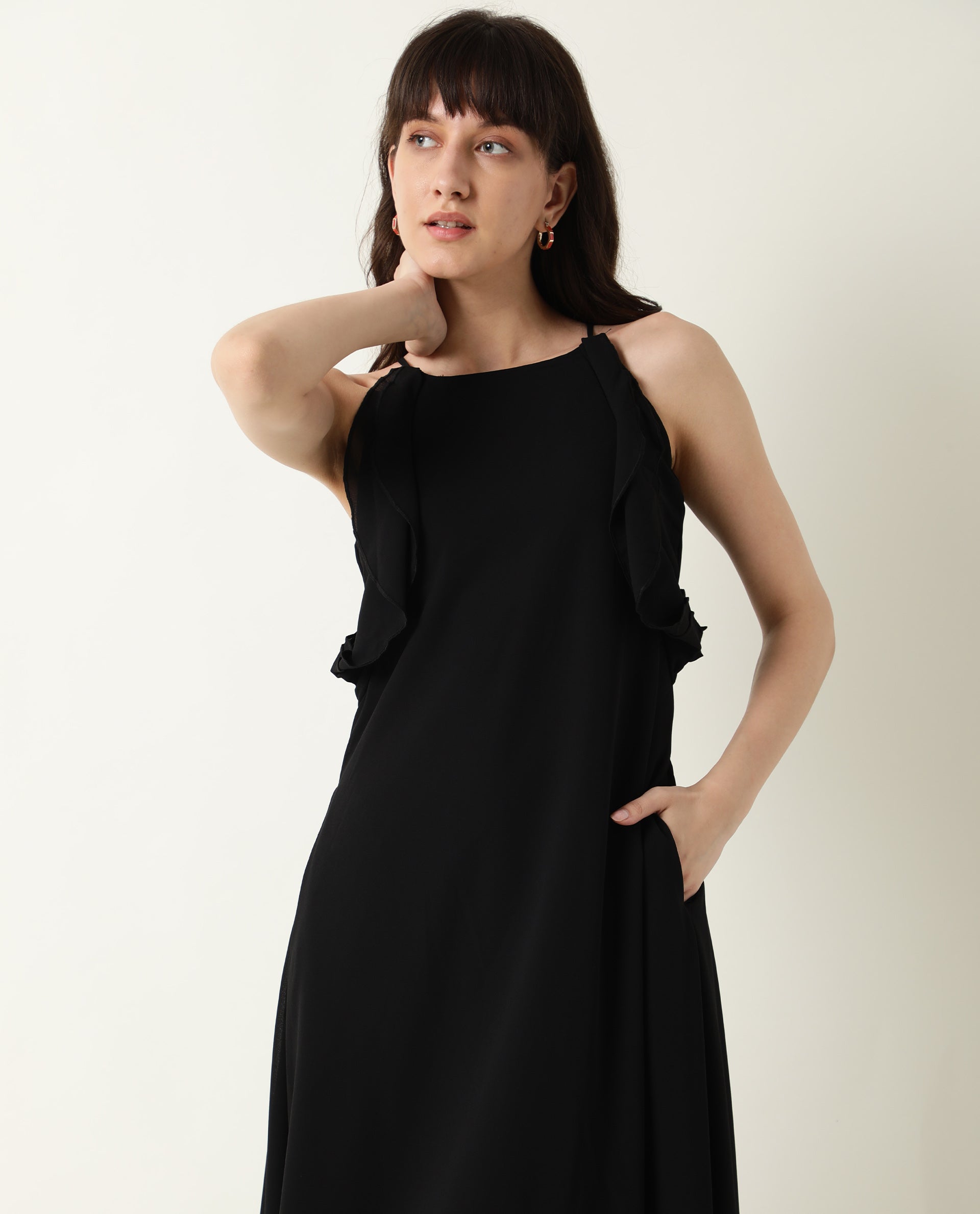 Rareism Women Decora Black Round Neck Spaghetti Shoulder Straps With Ruffles And Pockets Maxi Dress