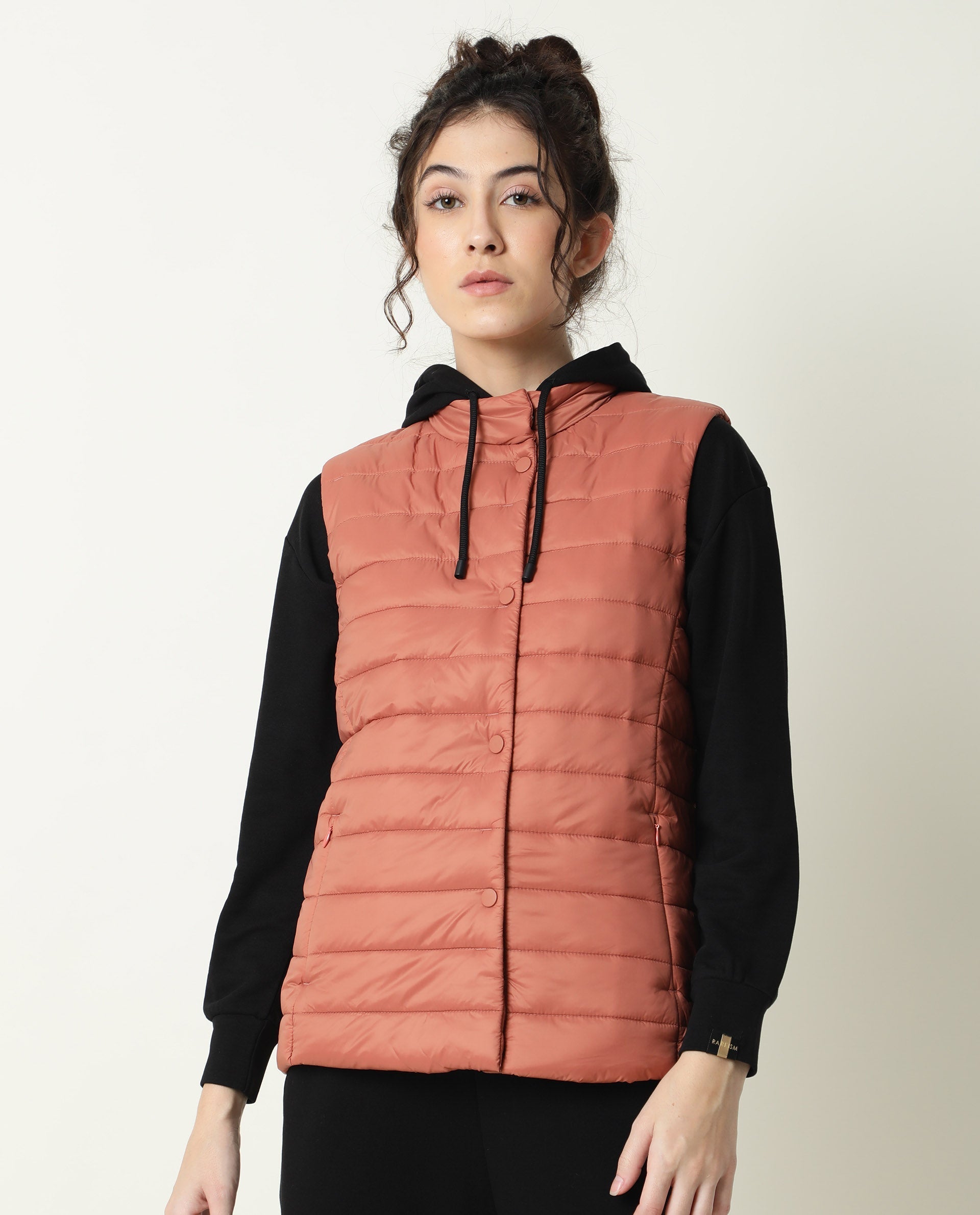 Rareism Women Trunk Dark Rust Sleeveless Solid Hooded Jacket