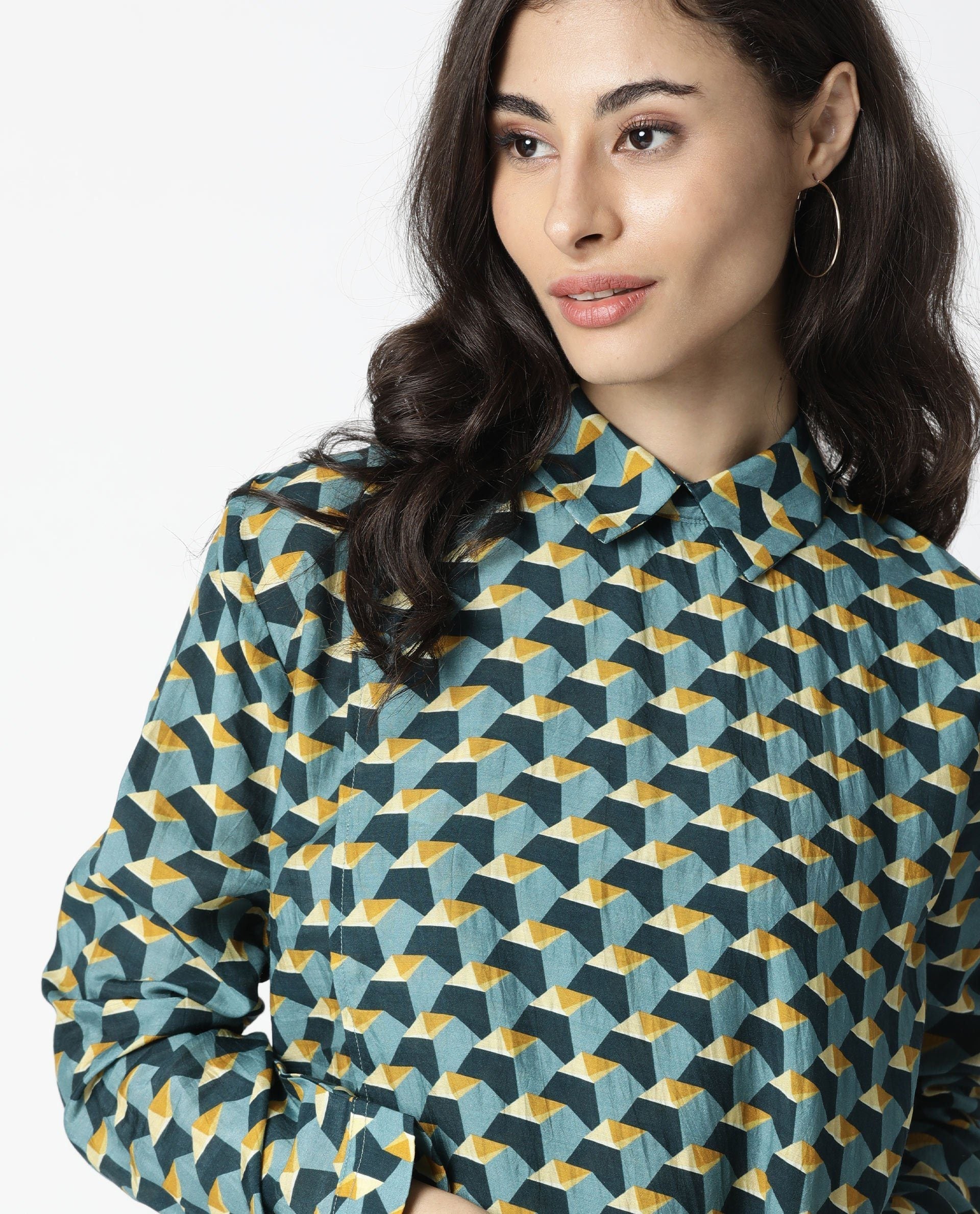 Rareism Women Chrysa Mustard Top Full Sleeves Printed