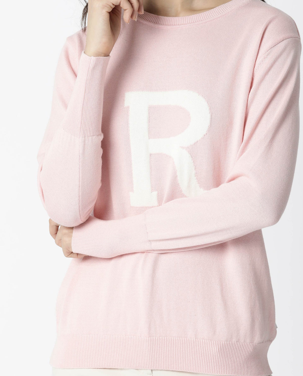Rareism Women Plush Pink Cotton Fabric Full Sleeves Regular Fit Embroidered Round Neck Sweater
