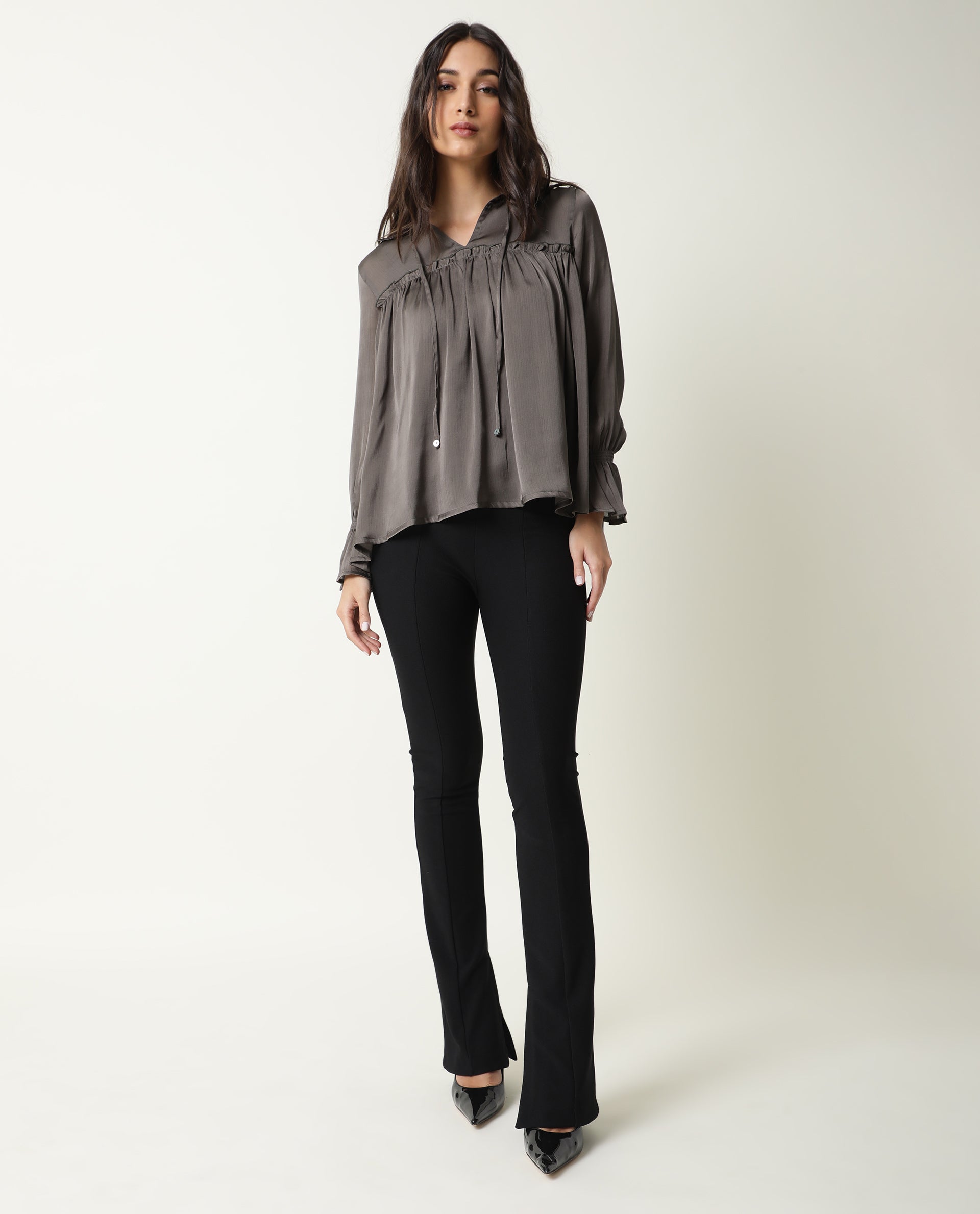 Rareism Women's Poetess Grey Tie-Up Neck Plain Knee Length Tailored Top