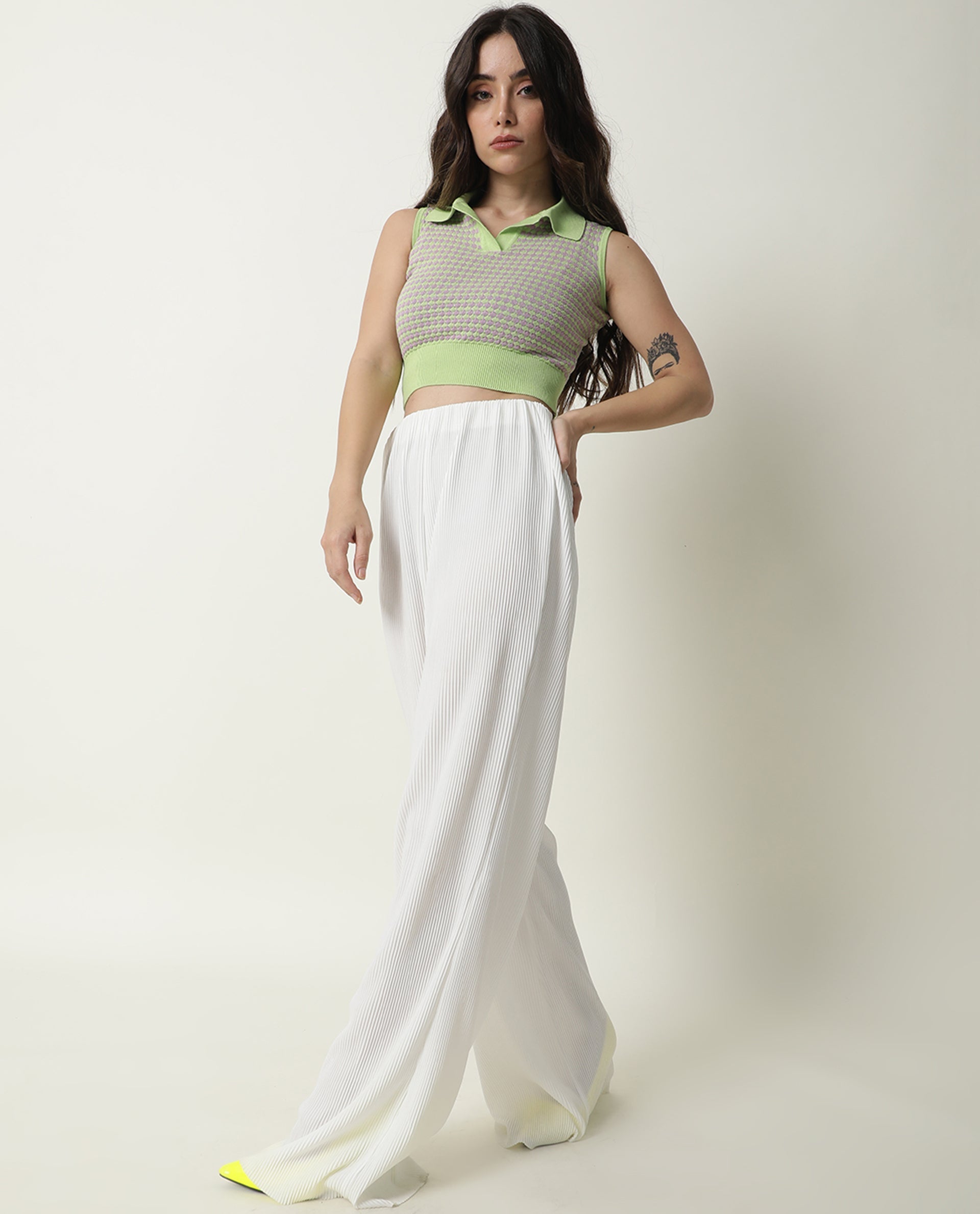 Rareism Women Rylee Green Cotton Fabric Sleeveless Cropped Regular Fit Textured Shirt Collar Sweater