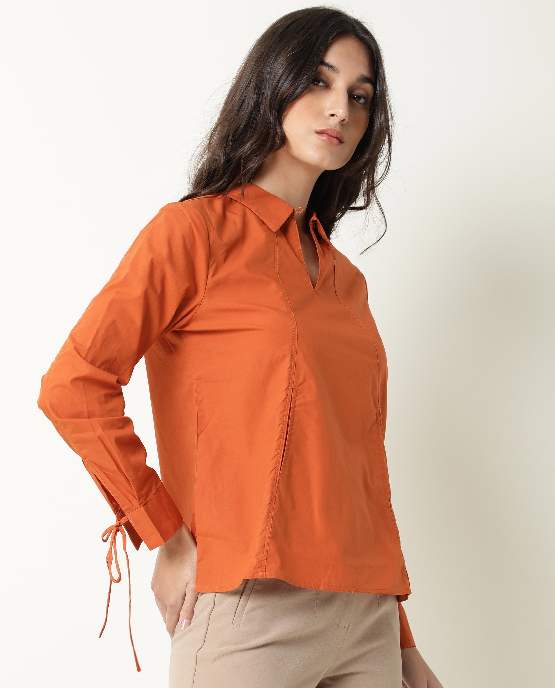 Rareism Women's Merge Rust Spread Collar Plain Knee Length Regular Fit Top