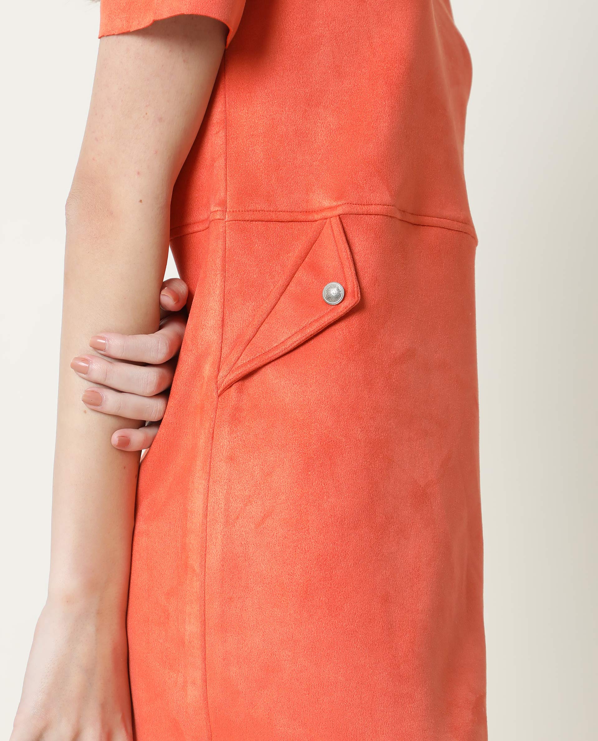 Rareism Women's Sions Orange Polyester Crew Neck Plain Knee Length Tailored Dress