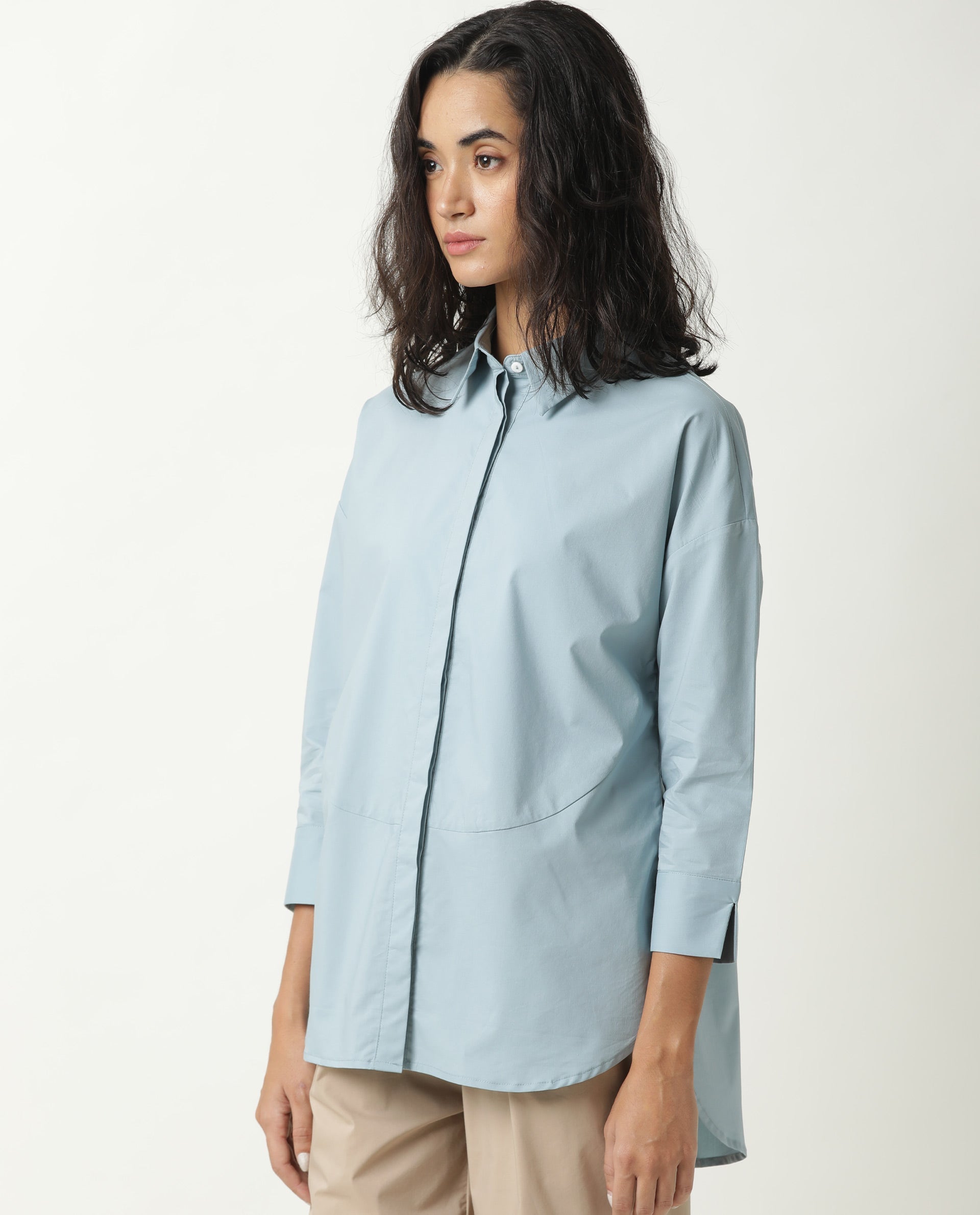 Rareism Womens Eleven Blue Top Polyester Fabric Regular Fit 3/4 Sleeve Collared Neck