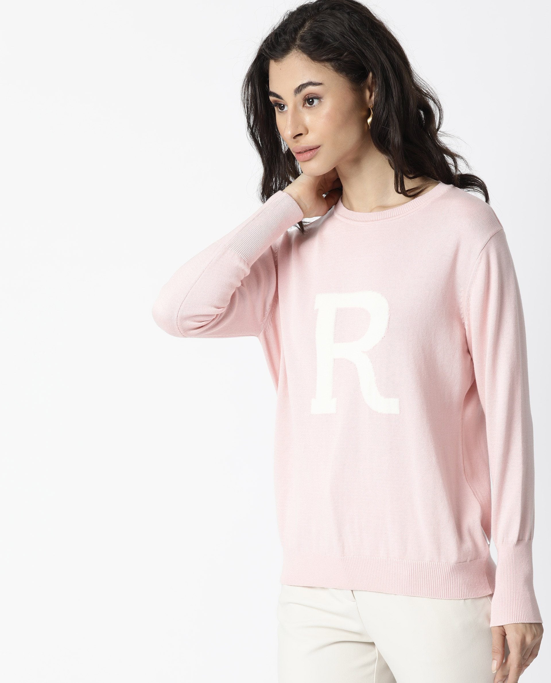Rareism Women Plush Pink Cotton Fabric Full Sleeves Regular Fit Embroidered Round Neck Sweater