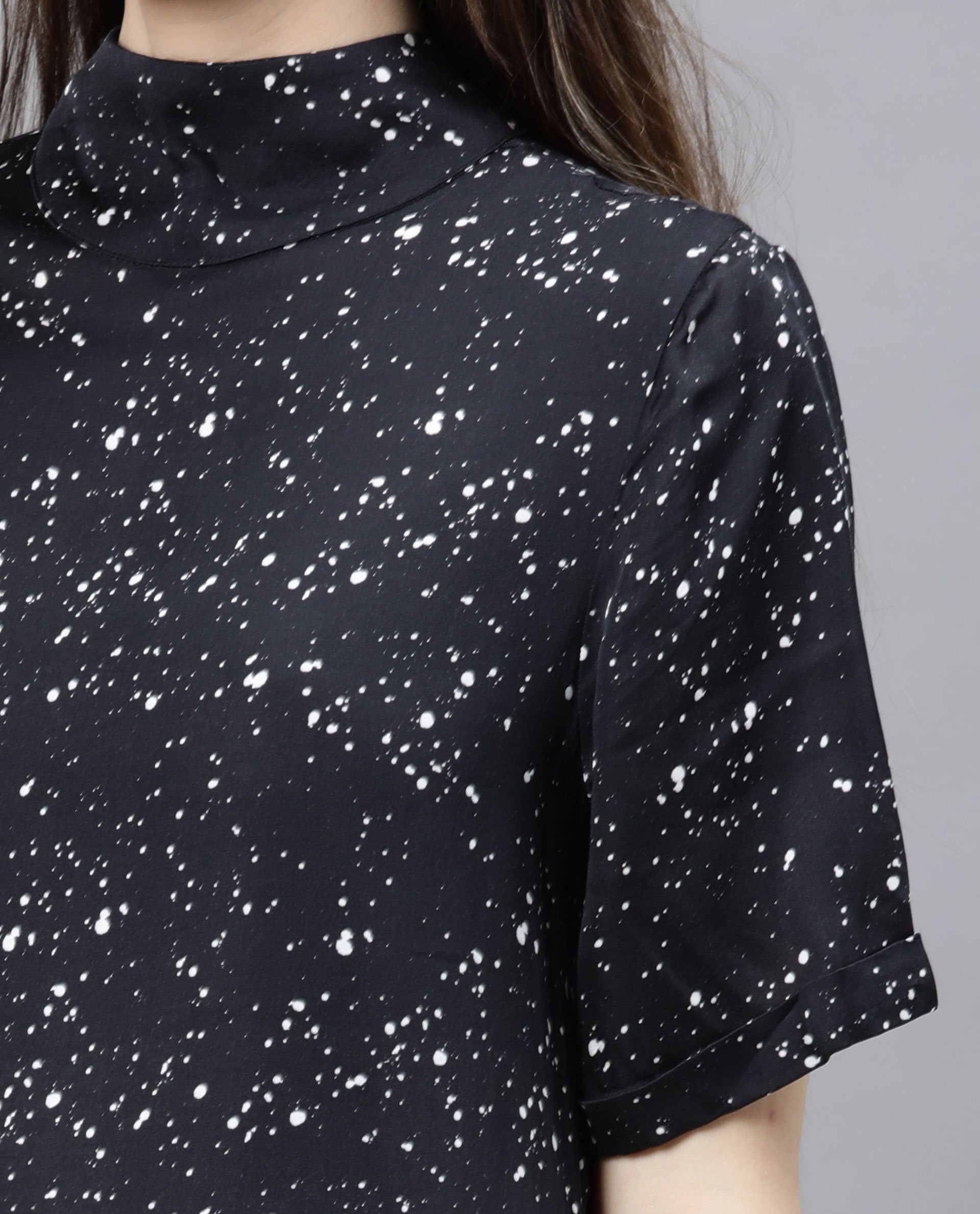 Rareism Women Kris Black Dress Short Sleeves Printed