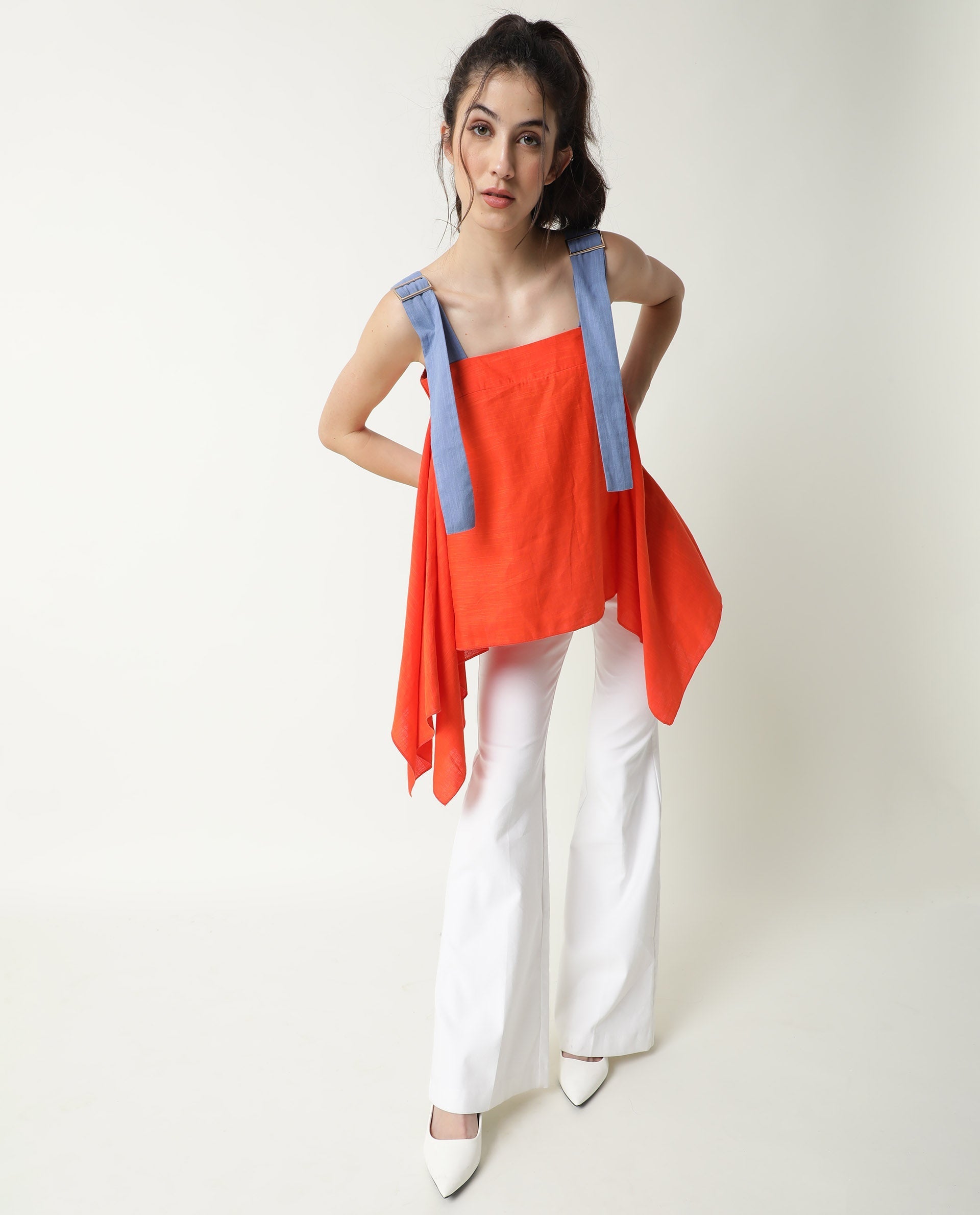 Rareism Womens Cronicle Blue Top Cotton Linen Fabric Regular Fit Sleeveless Square Neck