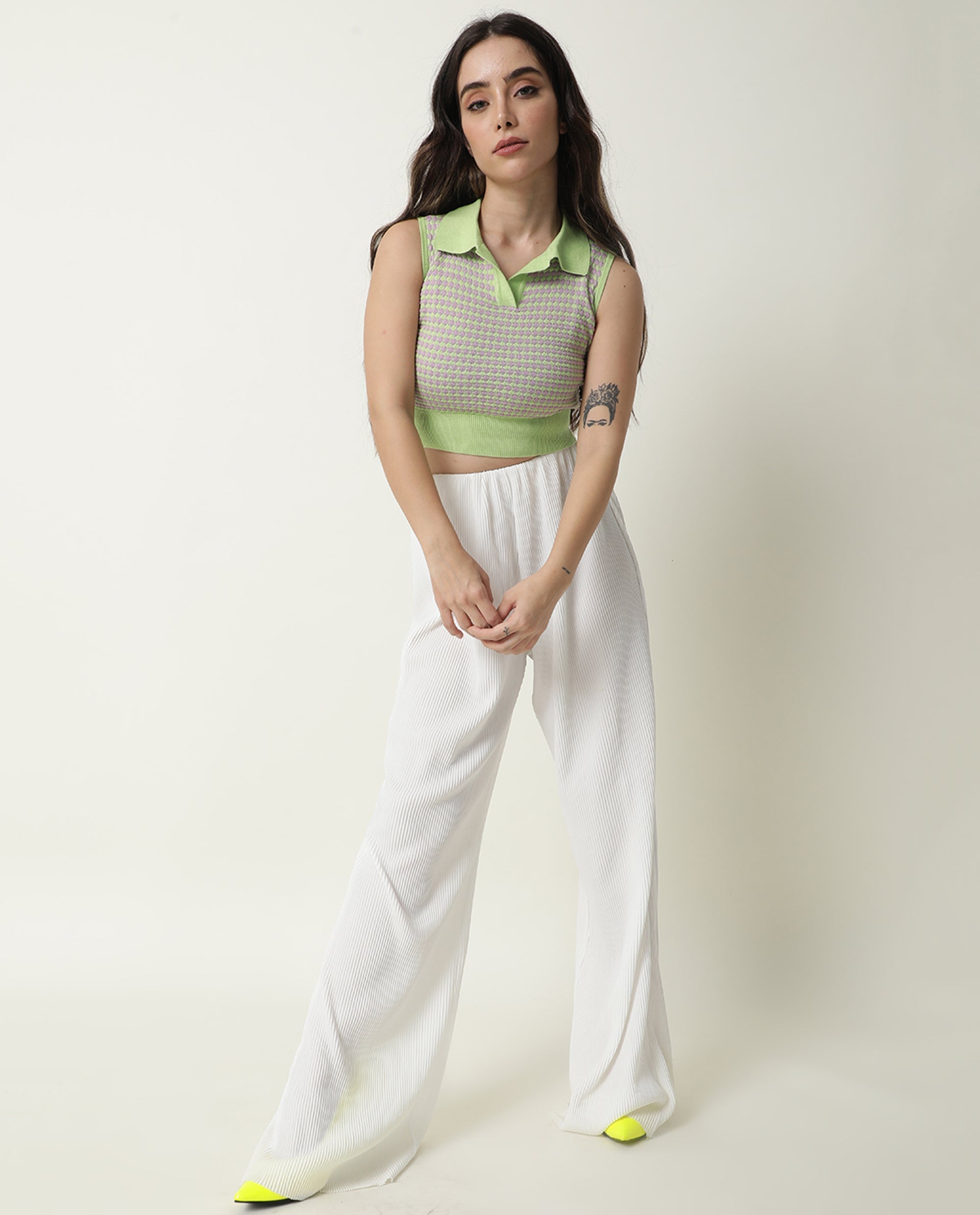 Rareism Women's Rylee Green Cotton Spread Collar Textured Sleeveless Crop Regular Fit Sweater
