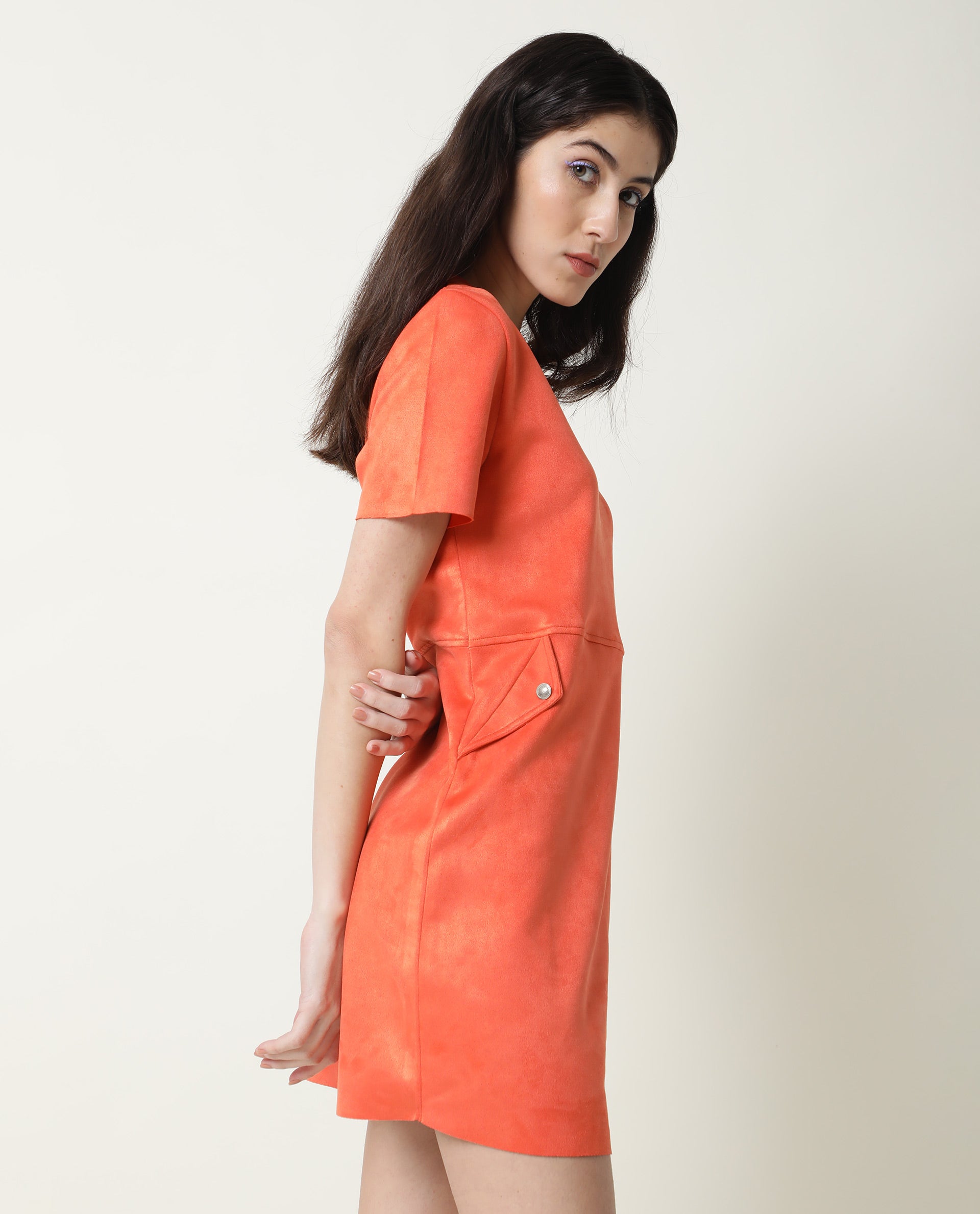 Rareism Women's Sions Orange Polyester Crew Neck Plain Knee Length Tailored Dress