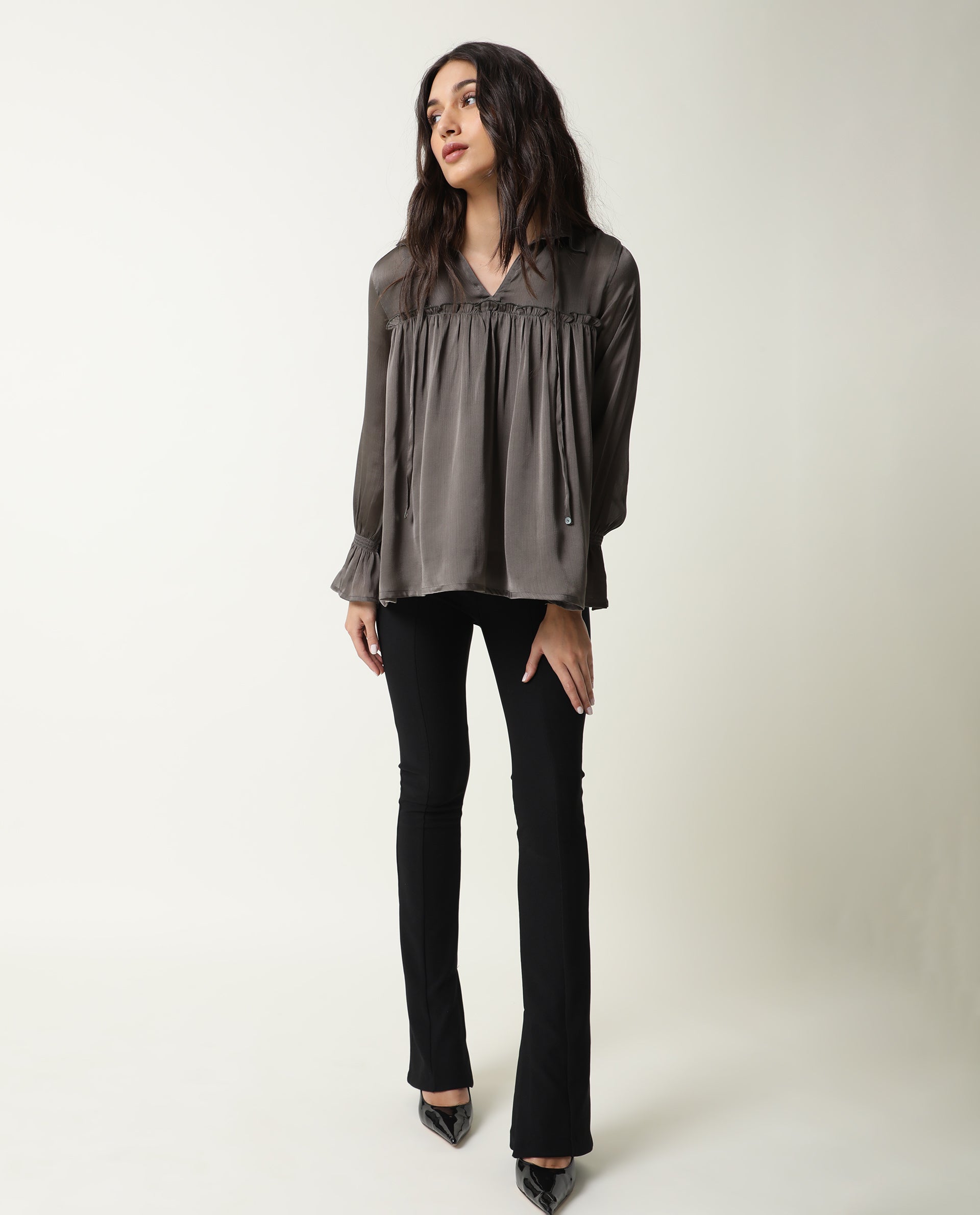 Rareism Women's Poetess Grey Tie-Up Neck Plain Knee Length Tailored Top