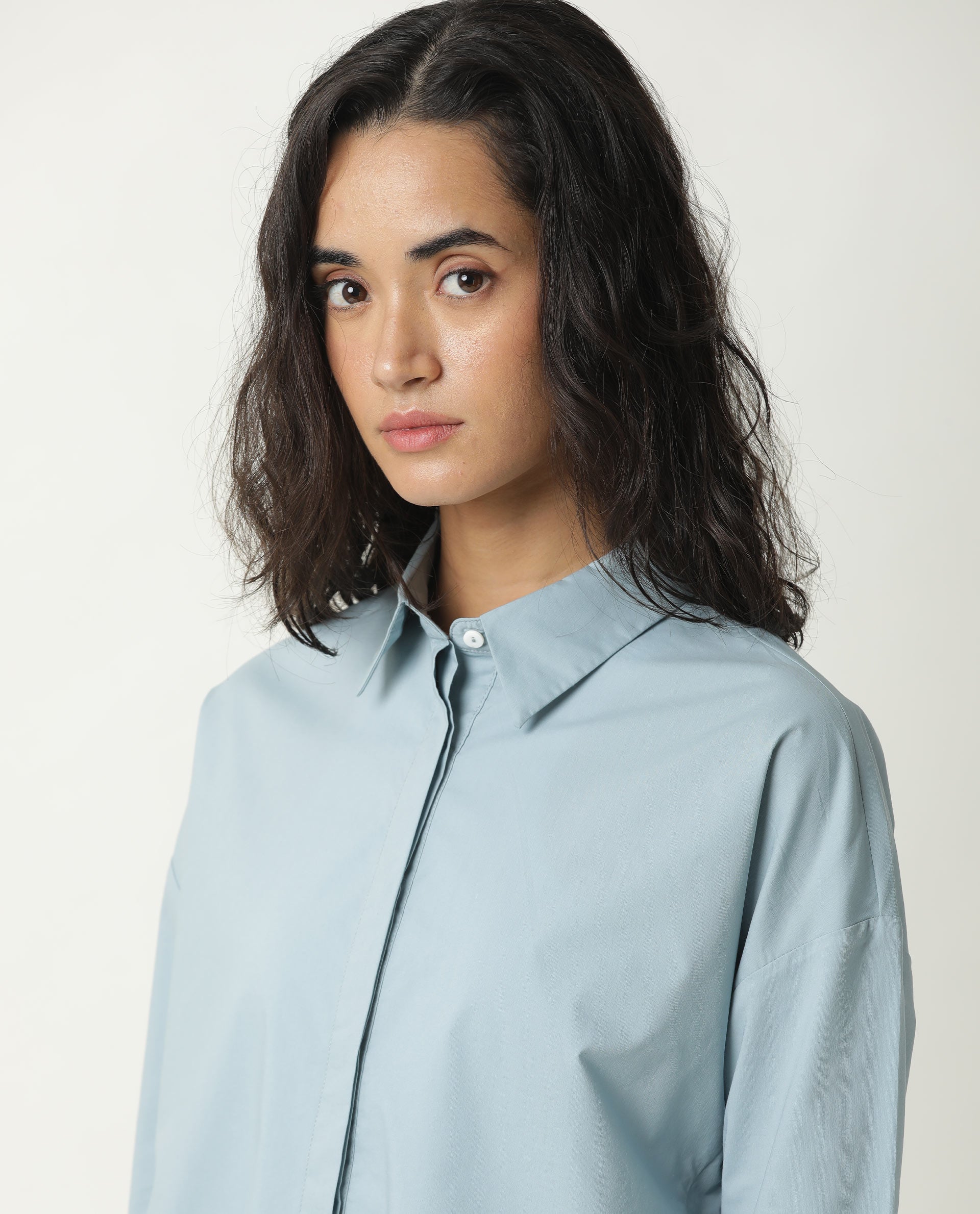 Rareism Womens Eleven Blue Top Polyester Fabric Regular Fit 3/4 Sleeve Collared Neck