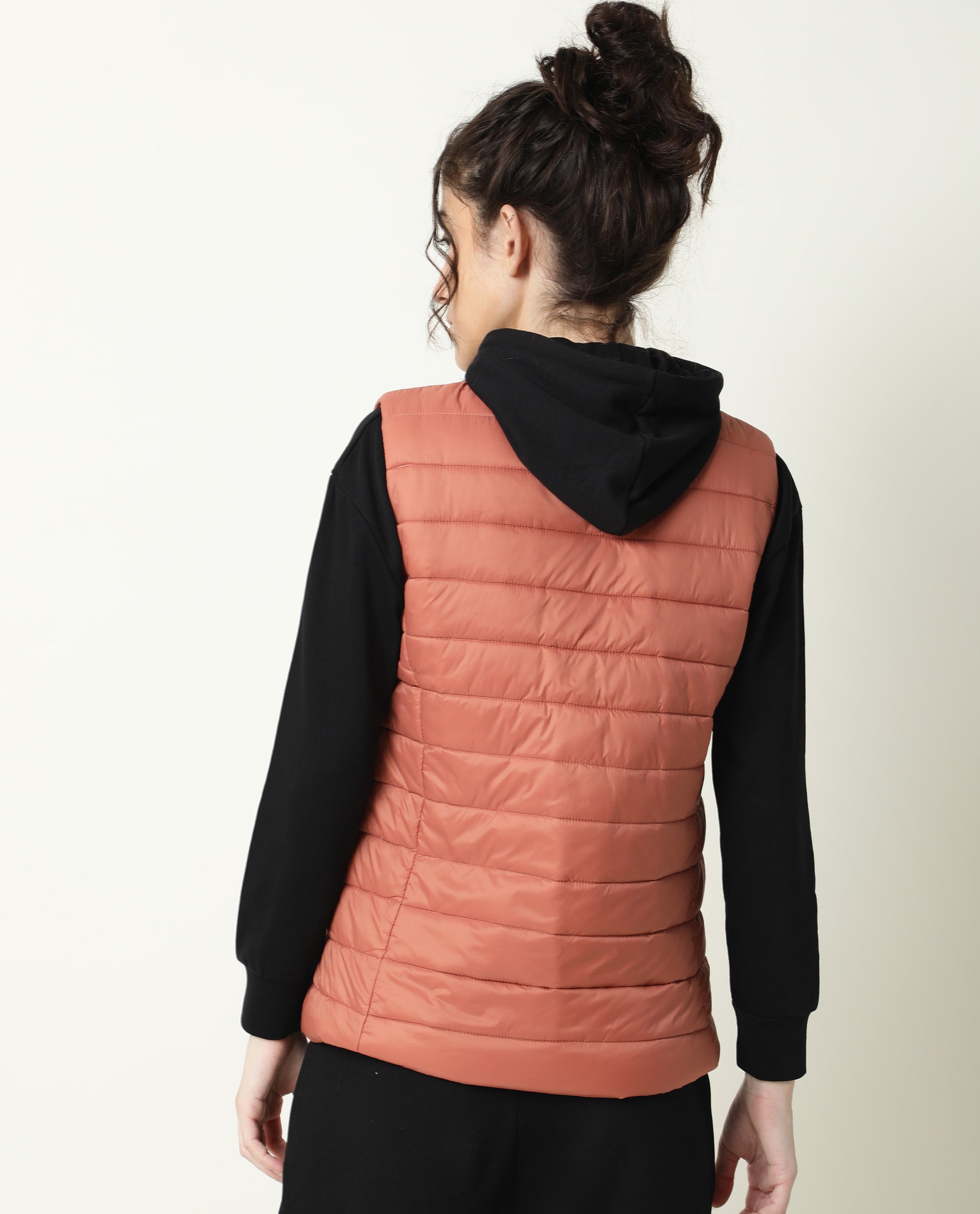 Rareism Women Trunk Dark Rust Sleeveless Solid Hooded Jacket