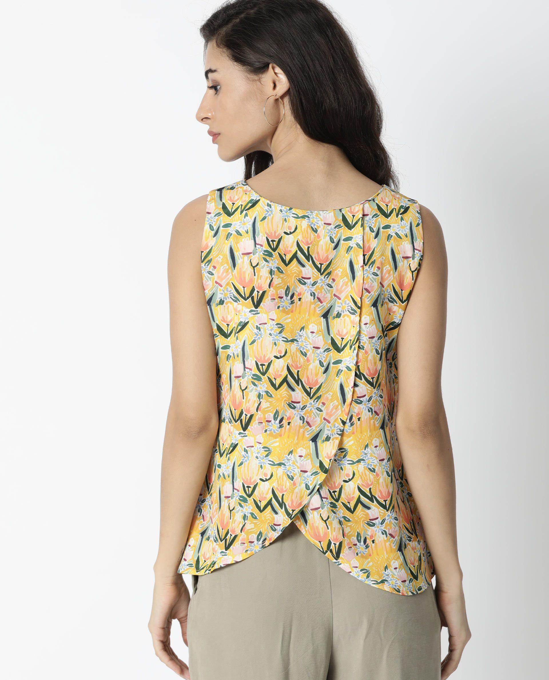 Rareism Women's Look Yellow V-Neck Floral Print Sleeveless Relaxed Fit Top