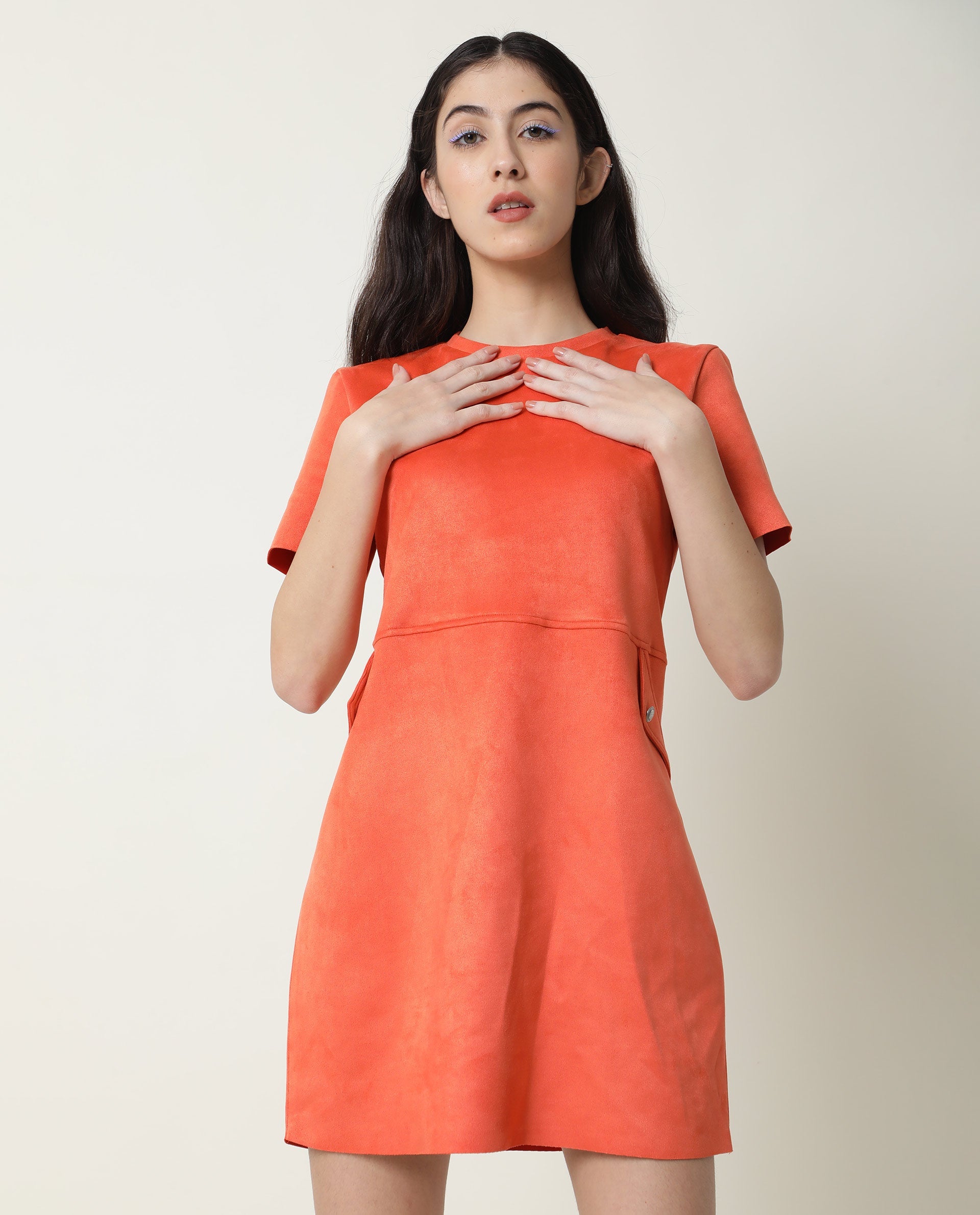 Rareism Women's Sions Orange Polyester Crew Neck Plain Knee Length Tailored Dress