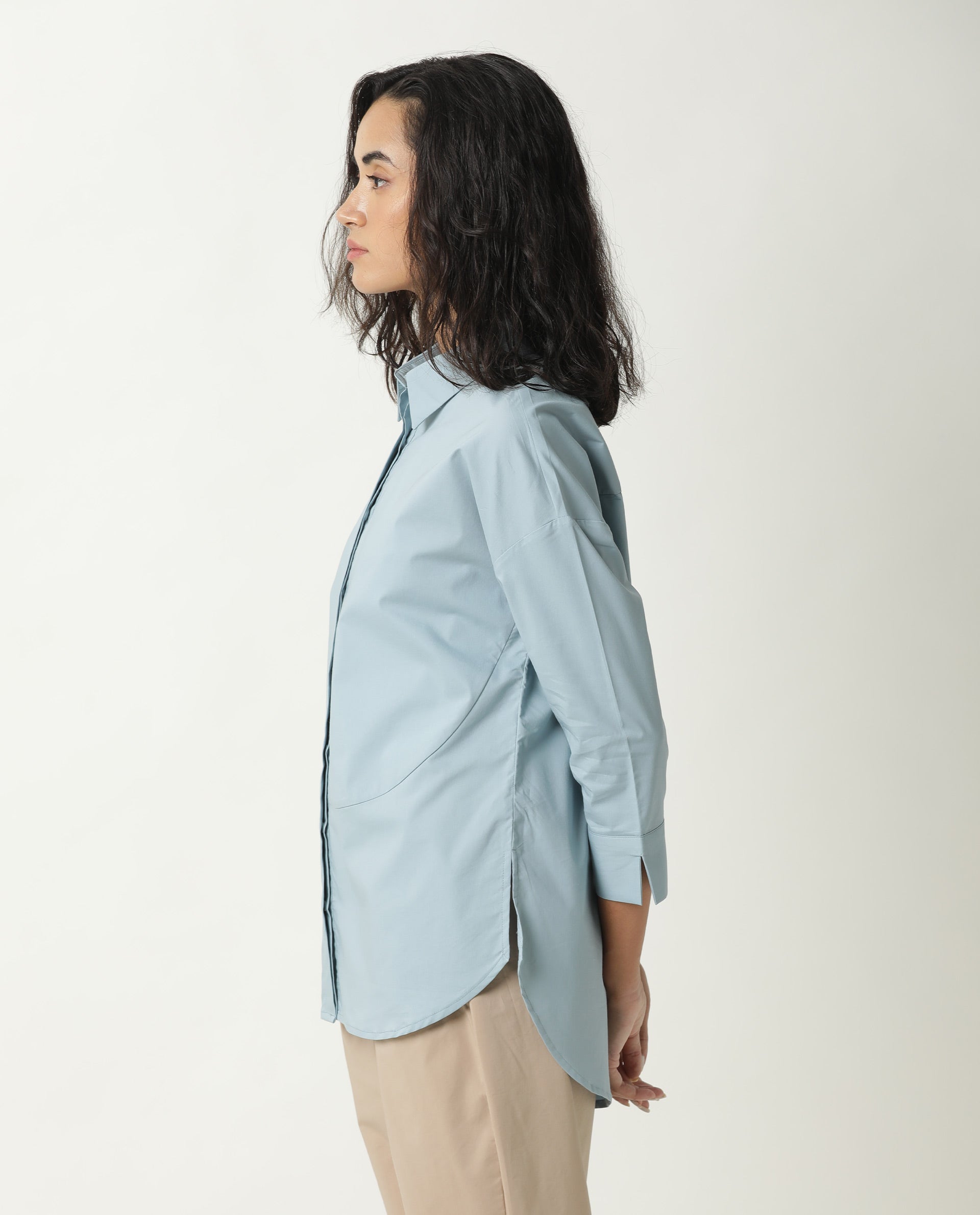 Rareism Womens Eleven Blue Top Polyester Fabric Regular Fit 3/4 Sleeve Collared Neck