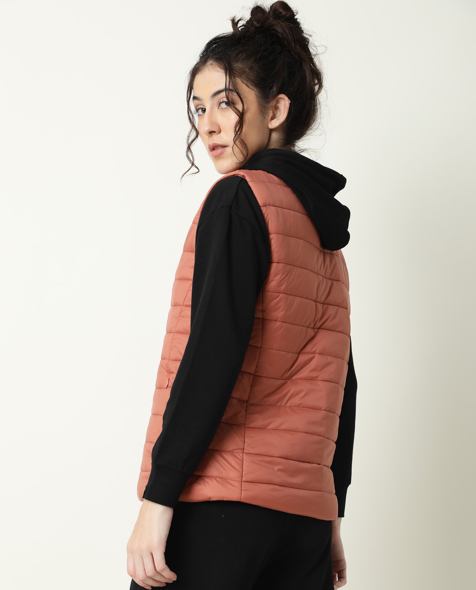 Rareism Women Trunk Dark Rust Sleeveless Solid Hooded Jacket